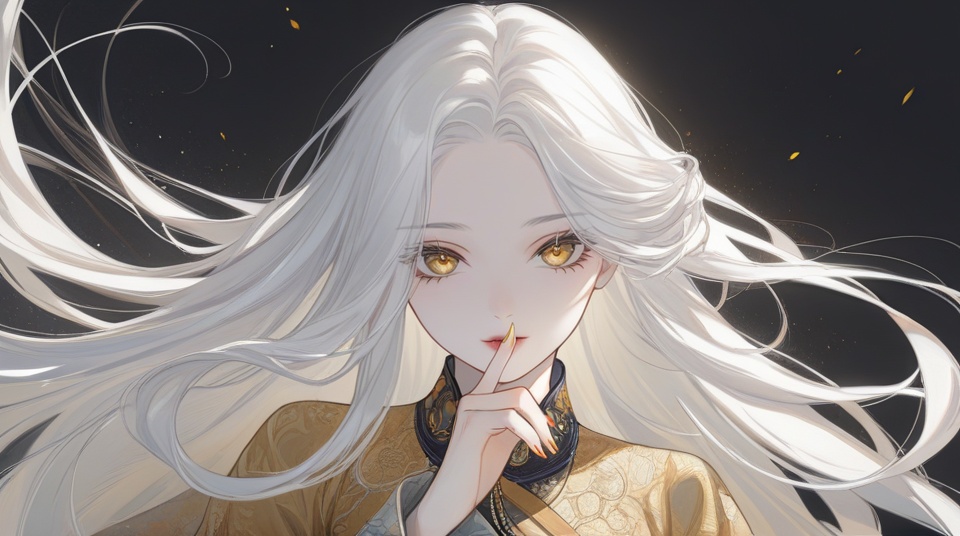 (best quality), ((masterpiece)), (highres), illustration, original, extremely detailed,<lora:古风·丝路恋语:0.7>licg, 1girl, long hair, solo, finger to mouth, yellow eyes, white hair, very long hair, jewelry, floating hair, looking at viewer, pale skin, fingernails, mole
