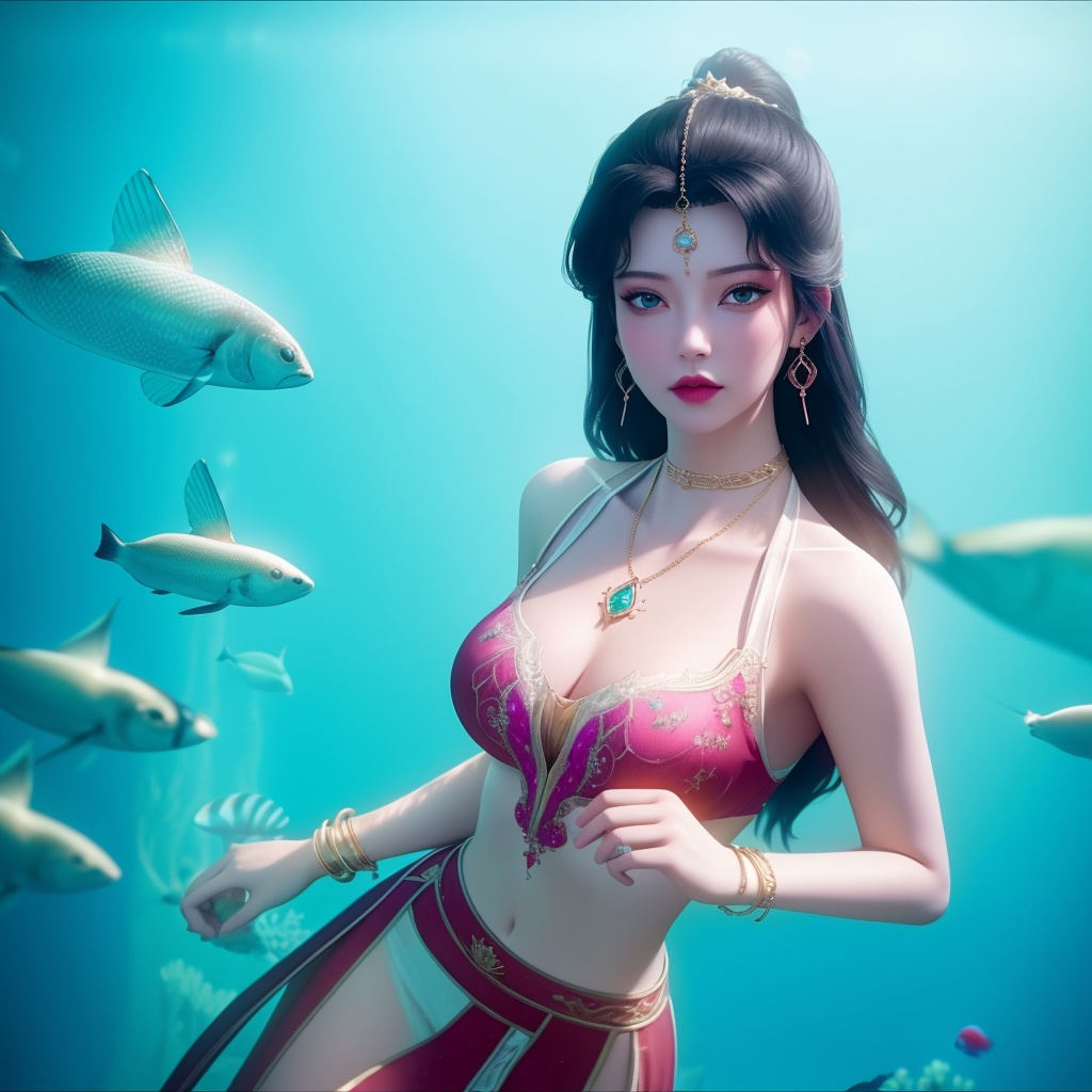 <lora:763-DA-仙逆-墨云:0.8>, (,1girl, ,best quality, ),looking at viewer,masterpiece, ((((, solo,  , ,solo focus, ,underwater, )))) ,ultra realistic 8k cg,   clean, masterpiece,     cinematic lighting, cinematic bloom,  (( , )),, , unreal, science fiction, luxury, jewelry, diamond, gold, pearl, gem, sapphire, ruby, emerald, intricate detail, delicate pattern, charming, alluring, seductive, erotic, enchanting, hair ornament, necklace, earrings, bracelet, armlet,,(cleavage),,
