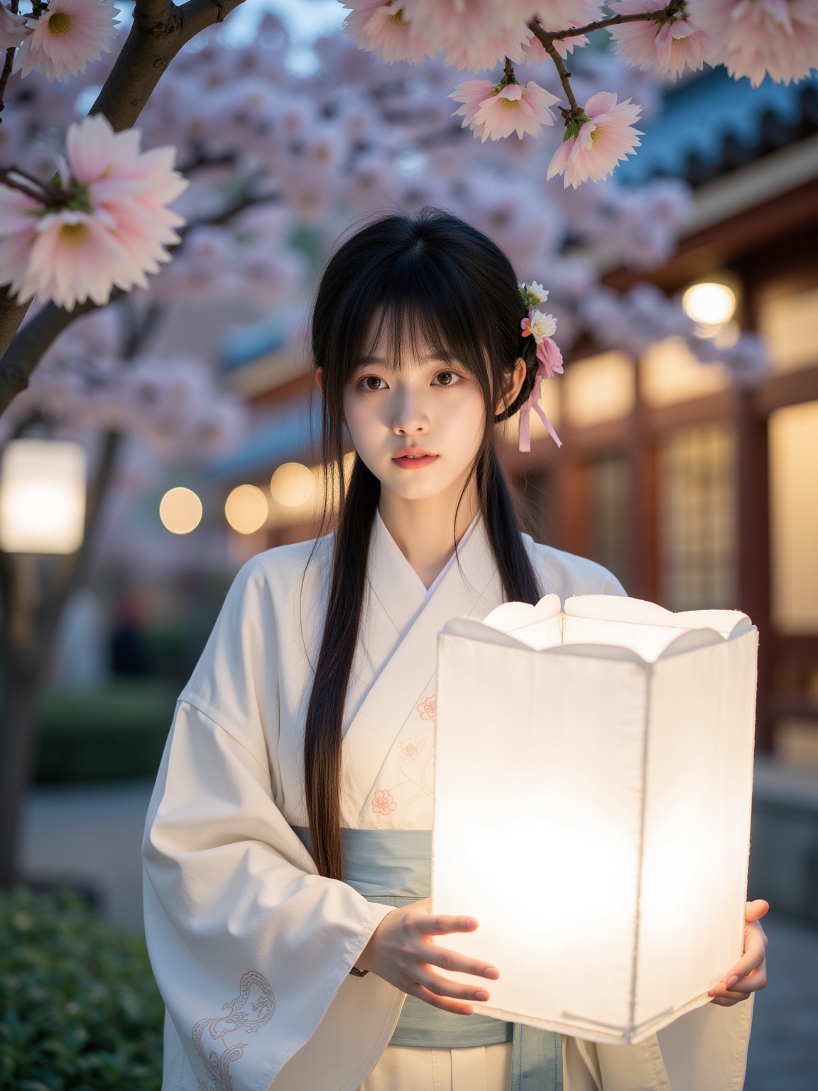 This is a photograph of a young woman standing in a serene, nighttime setting, with a cherry blossom tree in the background. The scene is bathed in a soft, ethereal glow, with the cherry blossoms creating a canopy of delicate pink and white petals. The woman is of East Asian descent, with long, straight black hair adorned with a floral hairpin and a delicate, pink ribbon. She wears a traditional, white kimono with intricate, embroidered details and a blue obi sash. Her expression is calm and contemplative as she holds a large, glowing paper lantern in her hands, which casts a warm, inviting light on her face. The lantern, with its translucent white surface, adds a soft, magical quality to the scene. The background features a traditional Japanese temple or shrine, with its wooden architecture and warm, golden lights visible through the branches of the cherry tree. The overall atmosphere is peaceful and tranquil, evoking a sense of serenity and cultural beauty.<lora:小红书顶流嫩妹脸模FLUX:1>