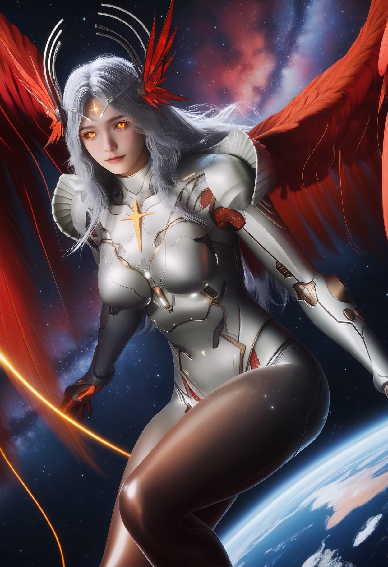 masterpiece,best quality,amazing quality,very aesthetic,high resolution,ultra-detailed,absurdres,scenery,photorealistic,(looking at viewer:1.1),(space:1.2),(universe:1.3),(starry_sky:1.1),(milky way:1.2),(nebula:1.4),starlight,(planets:1.2),rays,(large breasts:0.8),xinghuanwang,1girl,solo,long hair,lips,grey hair,yellow eyes,armor,hair ornament,forehead mark,bodysuit,glowing eyes,shoulder armor,circlet,freckles,headgear,orange eyes,head wings,horns,breastplate,pauldrons,colored sclera,wings,red wings,feathered wings,feet BREAK photorealistic details,<lora:QQSillxinghuanwangV1:0.8>,