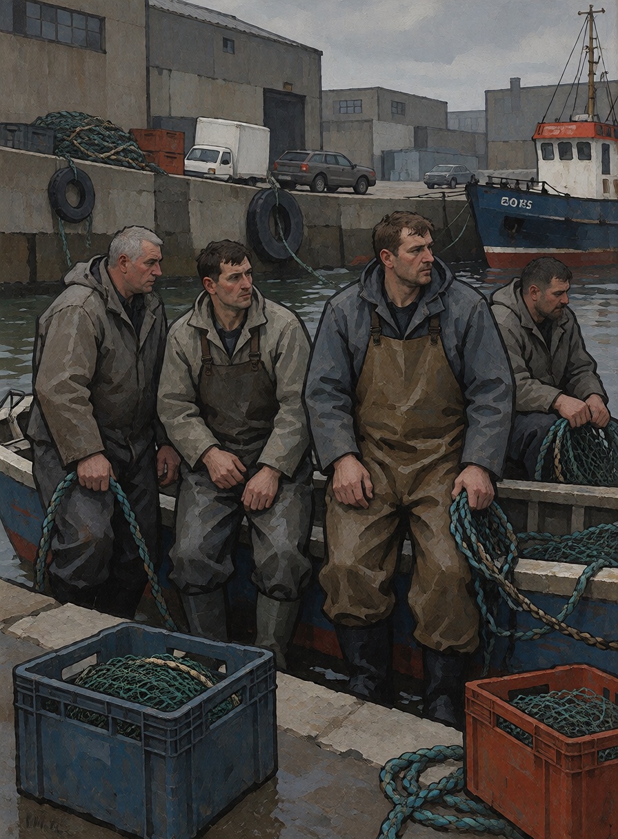Four fishermen standing beside their small boat in a concrete harbor,  heavy waterproof jackets,  fishing nets and plastic...