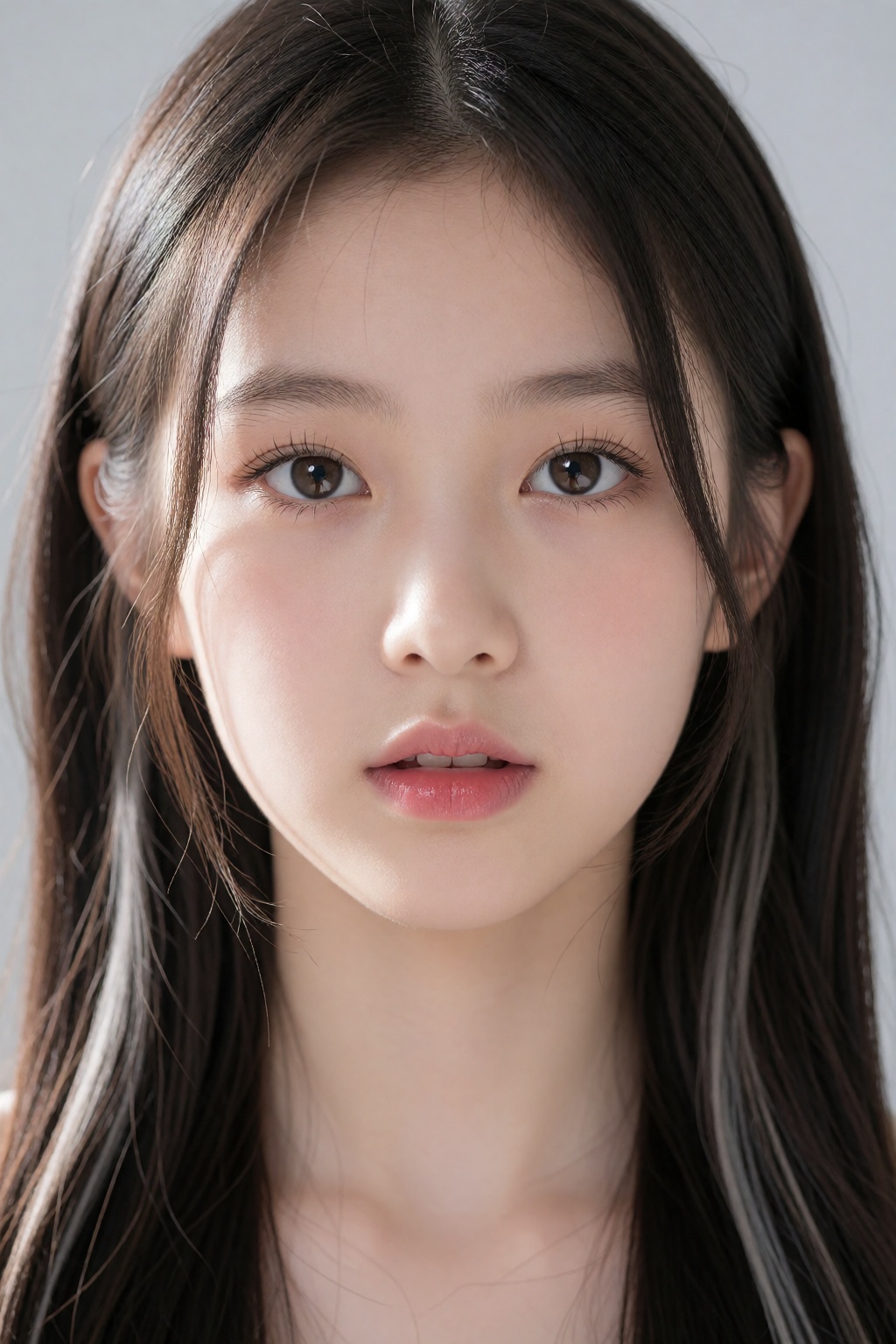 A headshot portrait of a young East Asian female,  appearing to be in her late teens,  is centrally framed. She has long o...