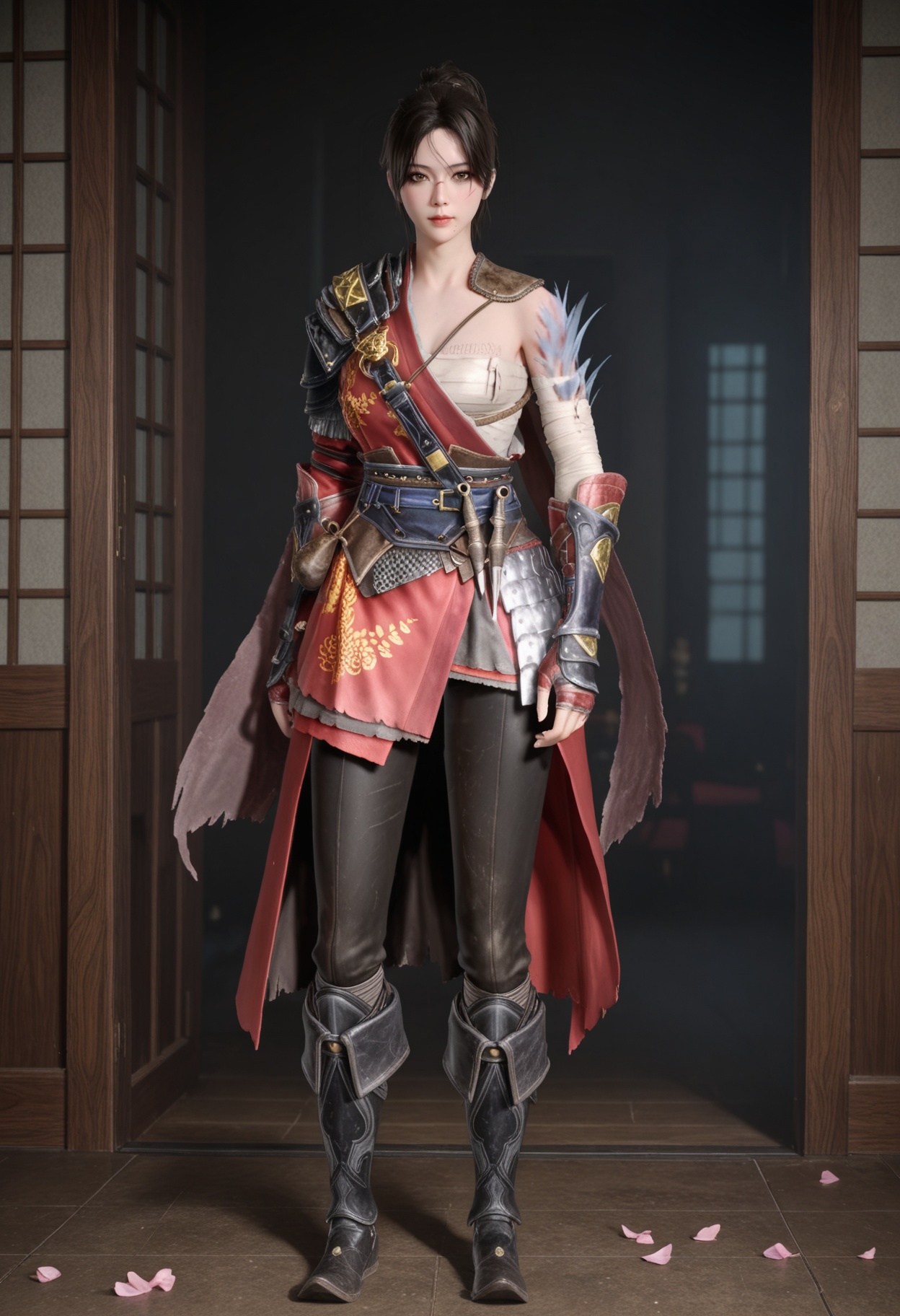 (standing full_body:1.1),(looking at viewer:1.1),masterpiece,(best quality),smog,Dark room,dim lighting,peach blossom,falling petals,<lora:YQ_Illustrious光辉v5_白梓芸_V1:0.8>,q1528437228,1girl,solo,armor,black hair,ponytail,shoulder armor,brown eyes,sarashi,chinese clothes,brown hair,long hair,gloves,boots,scar,pants,hair bun,fingerless gloves,pauldrons,single hair bun,bandages,scar on face,sheath,cape,belt,short hair,mole under mouth,black pants,sash,single pauldron,gauntlets,knee boots,