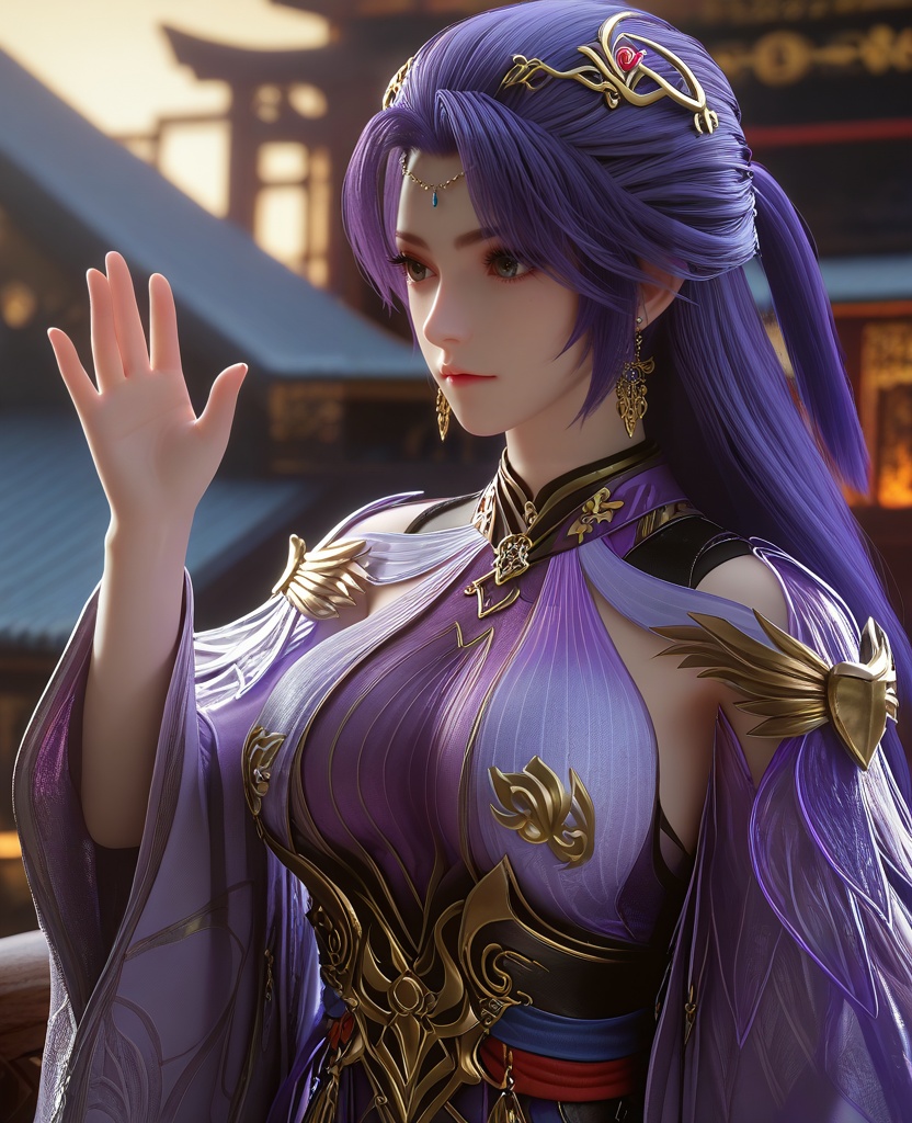(waving:1.1),(large breasts:1.2),<lora:XL16云深不知梦叶青梧:0.95>,miss yeqingwu,violet panel dress,purple hair,half-up ponytail style,long hair,hair ornament,earrings,jewelry,wide sleeves,sash,, score_9,score_8_up,score_7_up,score_6_up,score_5_up,score_4_up,3d rendering,tag1,tag2, Cinematic Lighting,backlighting,
