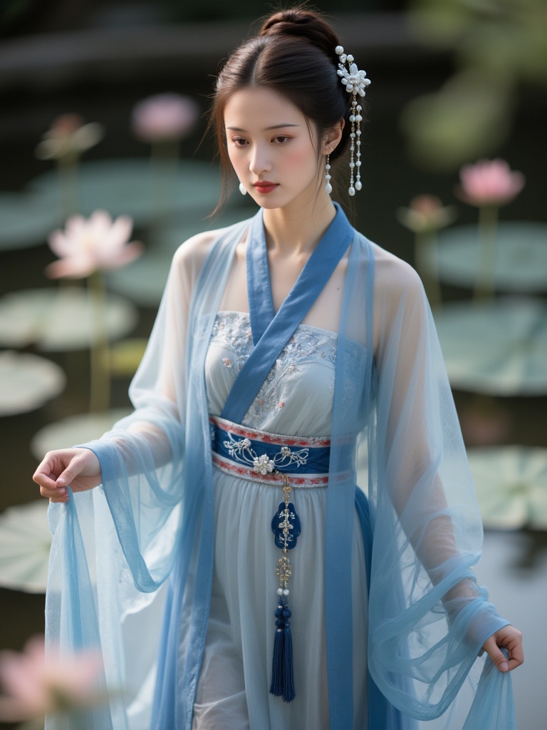 wm, A graceful young woman in a flowing blue hanfu, adorned with silver hairpins, standing by a serene pond with lotus flowers.<lora:S-T-唯美古风_S1.5:1>