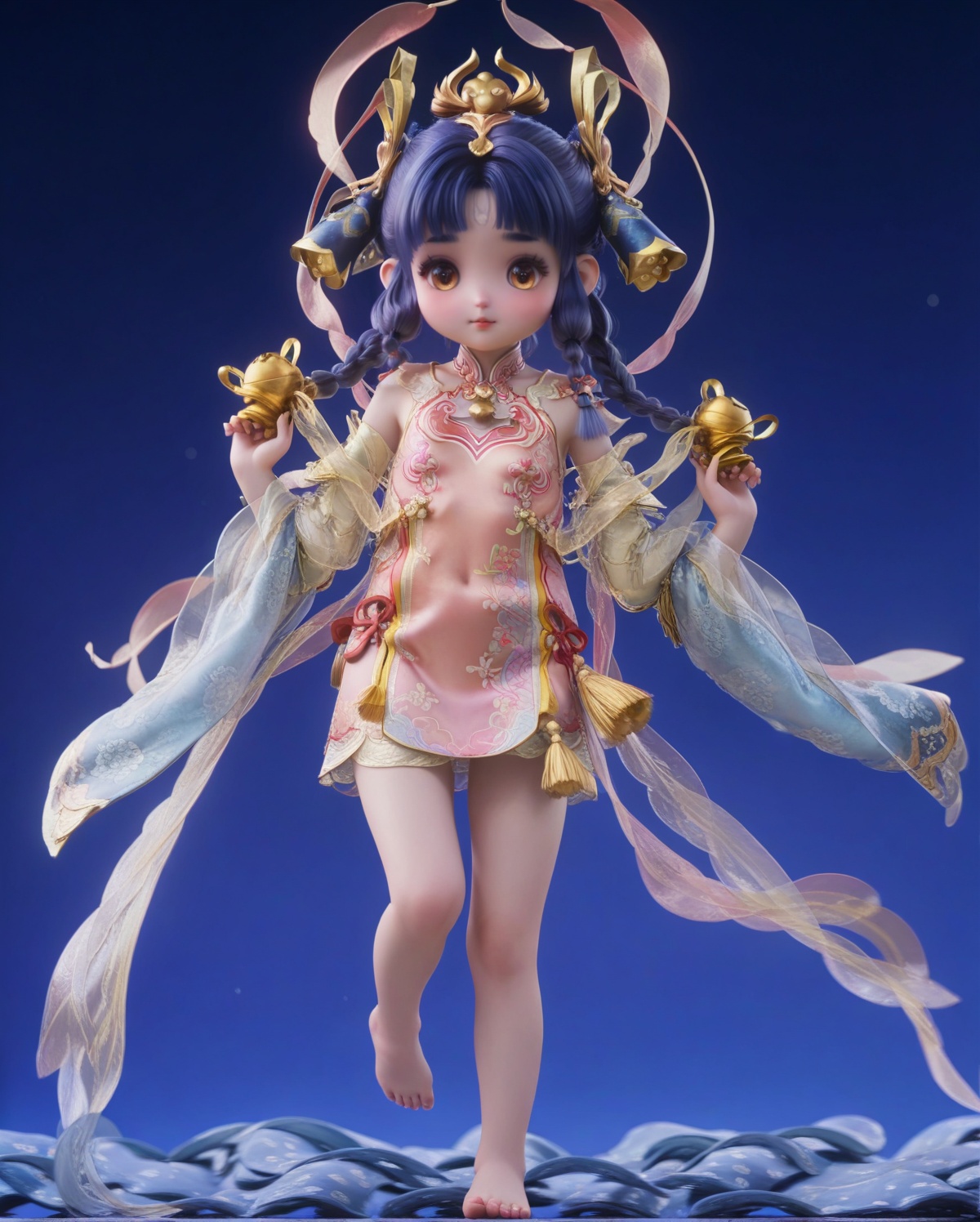 air_skin,white_skin,score_9,<lora:SF_CaiWenJiSheNian_Pony_Realism-000004:0.7>,dress,hair ornament,bangs,blue hair,braid,shawl,necklace,chinese clothes,1girl,minigirl,breasts,medium breasts,hagoromo,bell,solo,barefoot,looking at viewer,simple background,full body,ribbon,