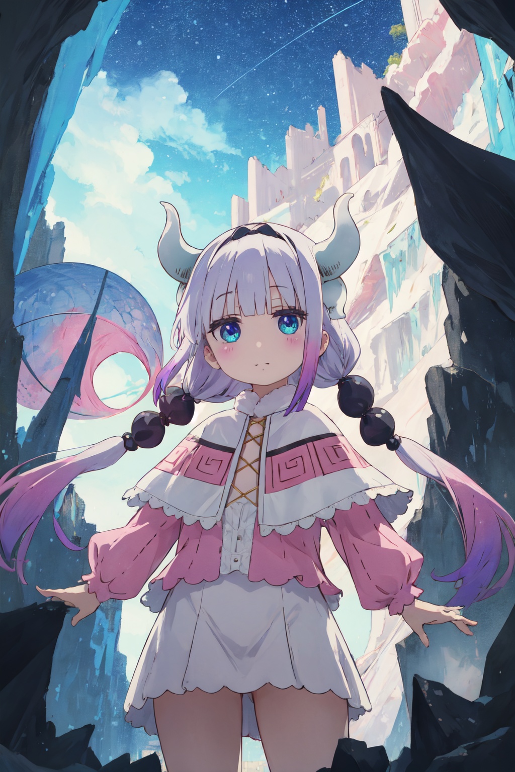 <lora:Kanna-000015:0.9>,kanna cyql,1girl,looking at viewer,solo,dragon girl,long hair,purple hair,blunt bangs,twintails,low twintails,dragon horns,hairband,hair ornament,hair beads,multicolored hair,blue eyes,capelet,dress,black hairband,child,bow,long sleeves,teasing_smile,cowboy_shot,Descending beneath the earth, fantastical stalactites and stalagmites take on eerie shapes under dim light,(Bluebells, Woodland carpet, Summer sunshine, Enchanted forest, Tranquil atmosphere, Morning light:0.5),beautiful detailed sky,beautiful detailed glow,posing in front of a colorful and dynamic background,masterpiece,best quality,beautiful and aesthetic,contrapposto,female focus,wallpaper,