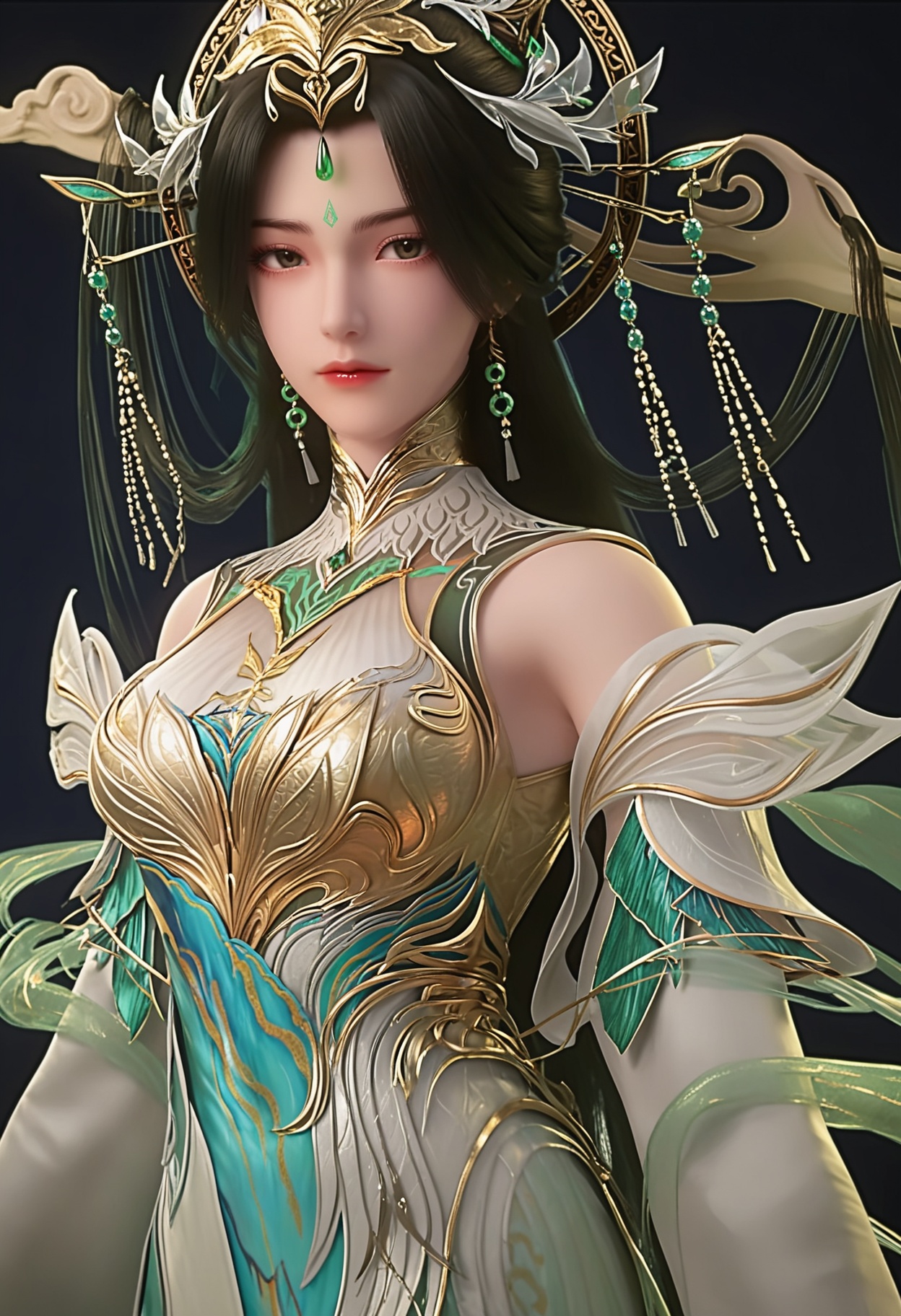 perfect_anatomy,score_9,(upper_body:1.1),looking_at_viewer,<lora:YQ_pony_liushen_wudidao_V3:0.8>,1girl,q1528437228,solo,hair ornament,long hair,black hair,dress,jewelry,earrings,forehead mark,chinese clothes,facial mark,white dress,bare shoulders,green dress,long sleeves,detached sleeves,brown hair,perfect_anatomy BREAK perfect_anatomy,simple background,black background,(shiny_skin),(Ivory_skin:1.1),(cinematic lighting),