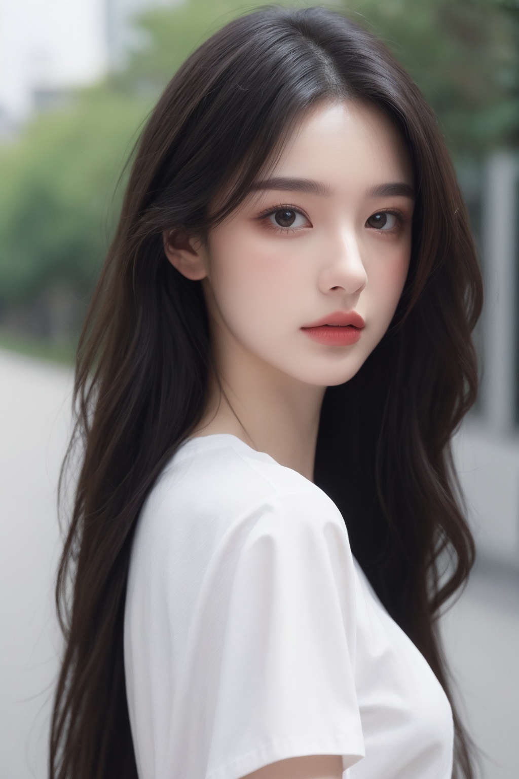 1girl, black hair, brown eyes, building, lips, long hair, looking at viewer, nose, outdoors, realistic, road, shirt, short sleeves, solo, upper body, white shirt  <lora:国际超模脸:0.66>
