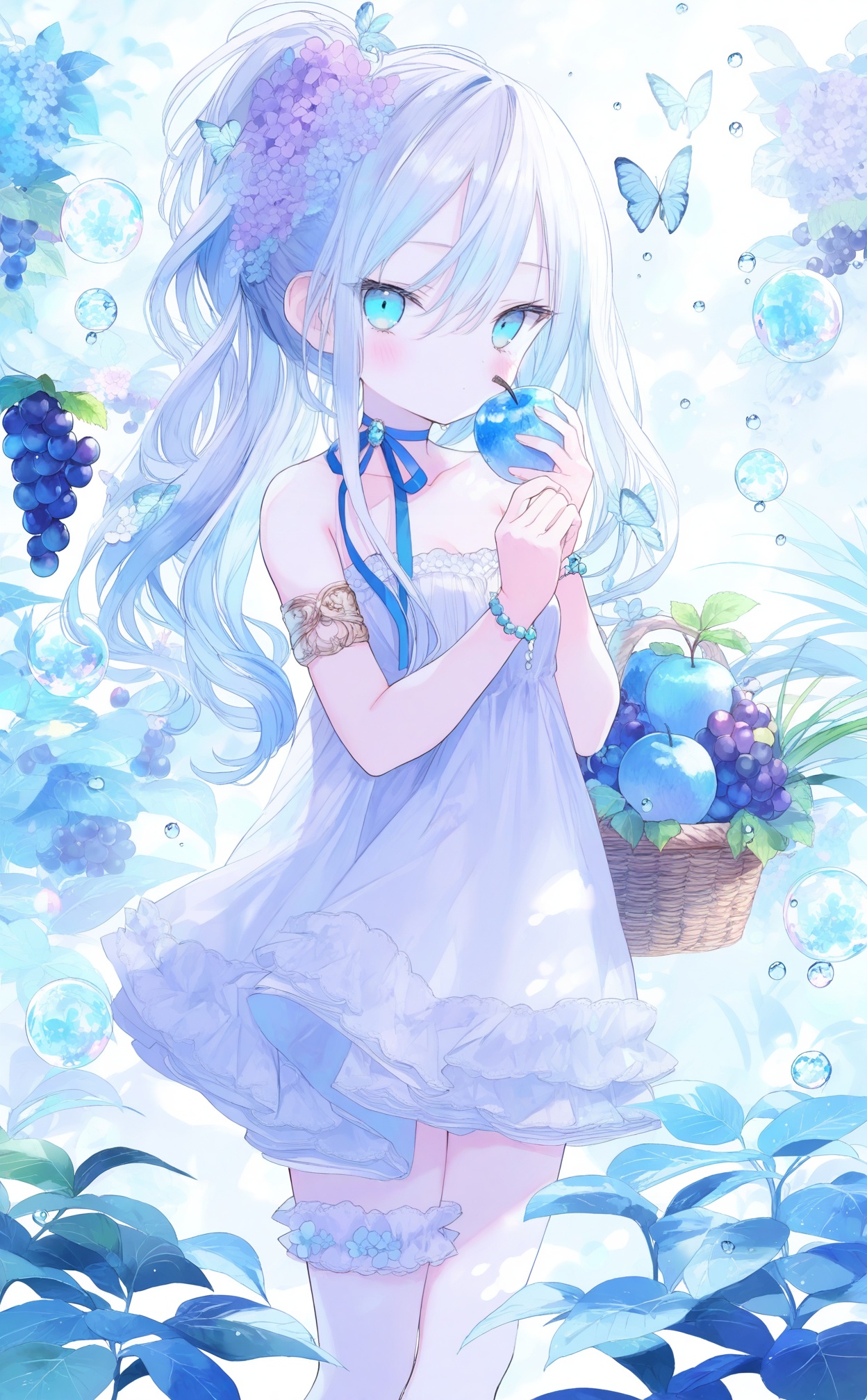 masterpiece,absurdres,best quality,loli,petite,high quality,chromatic_aberration,//,best, 1girl, dress, flower, bug, solo, butterfly, hair ornament, fruit, white dress, blue eyes, holding, looking at viewer, long hair, food, bracelet, jewelry, hair flower, blue flower, choker, strapless dress, white hair, blush, hair between eyes, leaf, ribbon choker, water drop, grapes, holding flower, plant, collarbone, bare shoulders, strapless, ribbon, thigh strap, standing, dot mouth, blue butterfly, closed mouth, feet out of frame, blue theme, blue ribbon, apple, hands up, gem, sleeveless dress, bouquet, neck ribbon, hydrangea, armlet, breasts, sidelocks, beads, sleeveless, off-shoulder dress, holding food, grey hair, short dress, ponytail, small breasts, holding bouquet, basket, aqua eyes, blue hair, cowboy shot, bridal garter, holding fruit, frills, bead bracelet, purple flower, bubble, expressionless, blue choker//,<lora:guimao2——【noob】hans:1>,