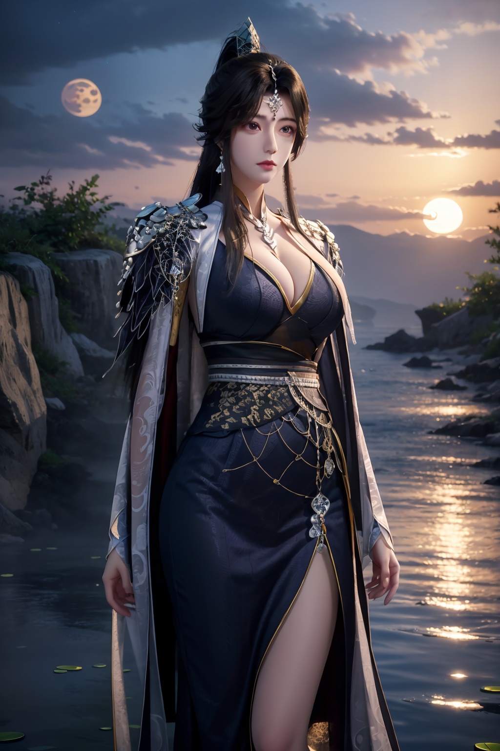 standing,dress,chinese clothes,flower,full_moon,moon,night,lily_pad,lotus,moonlight,nipples,water,night_sky,lily_\(flower\),sky,partially_submerged,1girl,solo,hair ornament,realistic,nail polish,photo_\(medium\),(big breasts, cleavage),makeup,(8k, RAW photo, best quality, masterpiece:1.2),(realistic, photorealistic:1.3),ultra-detailed,extremely detailed cg 8k wallpaper,(crystalstexture skin:1.2),extremely delicate and beautiful,(sexy pose:1.2),chinese dress,