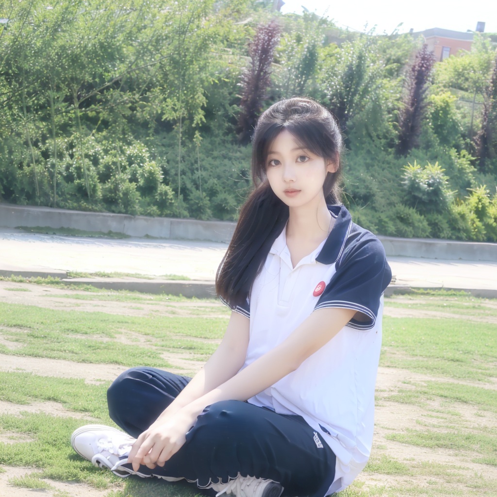 grass,bush,tree,outdoors,day,1girl,park,solo,tree_shade,plant,nature,on_grass,black_hair,long_hair,sunlight,shoes,under_tree,<lora:程荣:0.8>,<lora:泛光:0.6>,