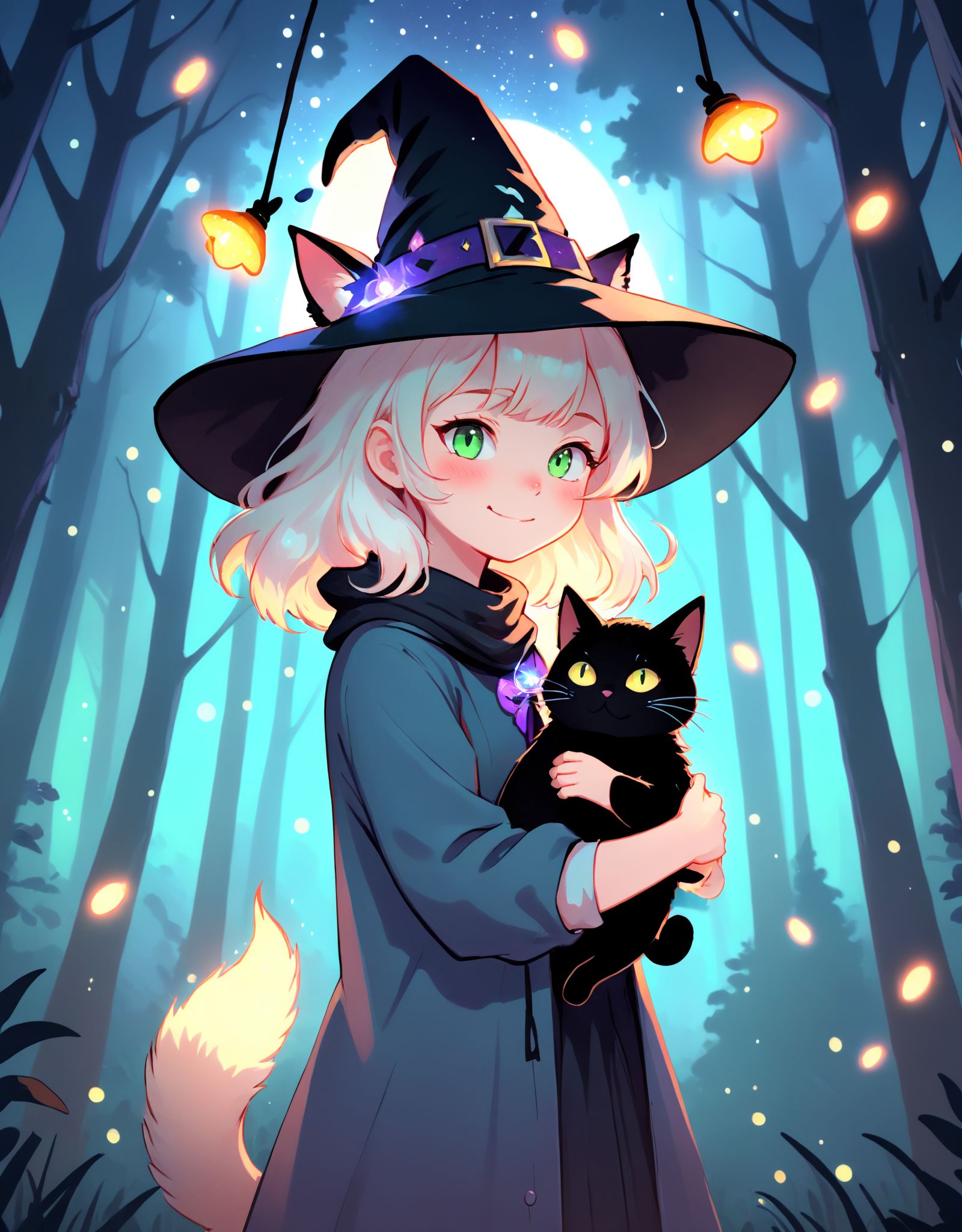 Illustration of a furry cat lady wearing a pointed witch hat,  standing against a backdrop of a mystical forest with glowi...