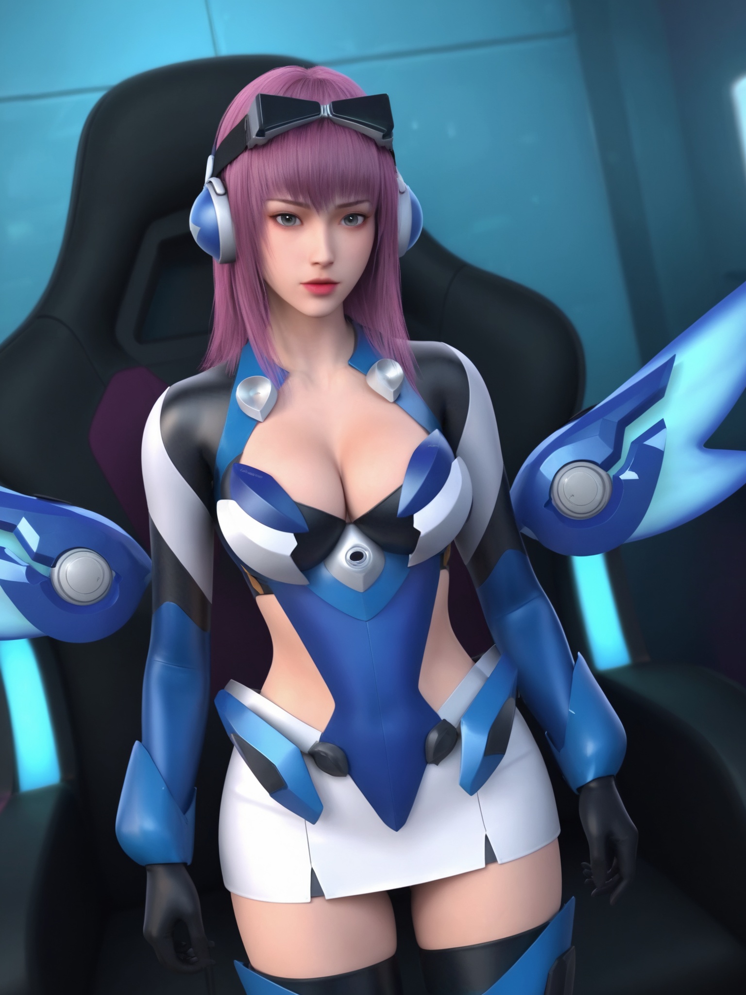 1girl,solo,looking at viewer,upper body,<lora:血色苍穹-米岚-机甲Pony:0.7>,straight magenta hair,black headband,large futuristic headphones,a form-fitting,high-tech blue suit. high neckline,cleavage. long sleeves,short,white skirt,black gloves,thigh-high,black boots,