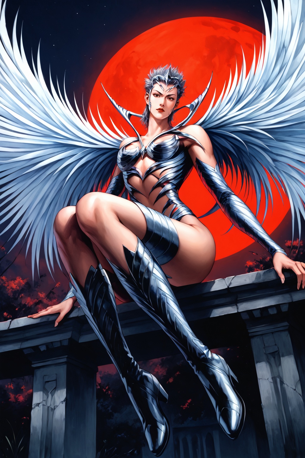 safe_pos,score_9,score_8_up,score_7_up,Tiexin,1girl,solo,silver wings,silver armor,short hair,hair ornament,silver helmet,(long legs,boots:1.5),sitting,from below,looking down,looking at viewer,cowboy shot,nice hands,<lora:pony神兵玄奇-铁心（无妄）:1>,(highres, high quality:1.3),intricate details,sharp focus,depth of field,outdoors,sky,night,red moon,soft focus,bright skin,Holy lighting,white skin,mature female,magnificent architecture,overexposure,dynamic pose,dynamic angle,<lora:add-detail-xl:0.5>,mature female,curvy,shiny skin,oiled skin,