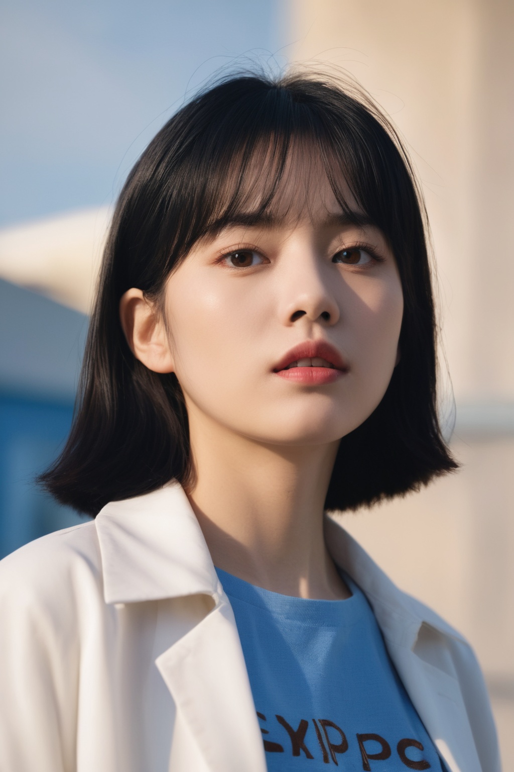 1girl, solo, blurry background, black hair, outdoors, light on face, blurry, black eyes, upper body, lips, day, sky, realistic, blue sky, shirt, white shirt, short hair, jacket, closed mouth, looking to the side, Zhenxin,best quality, photo \(medium\), realistic,(extremely detailed face:1.2), (extremely detailed eyes:1.2),epic, gorgeous, film grain, grainy,highly detailed, detailed skin texture,