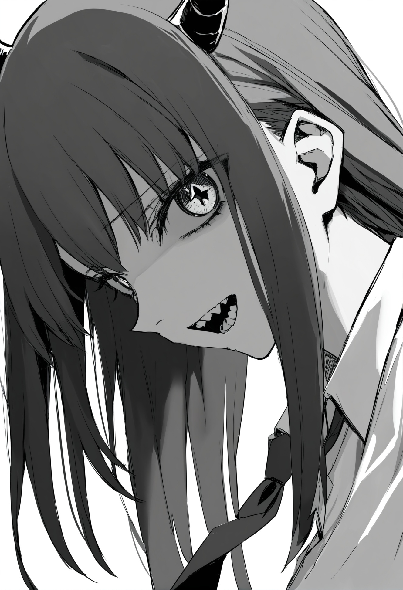 masterpiece, best quality,1girl, power \(chainsaw man\),  cross-shaped pupils, solo, monochrome, symbol-shaped pupils, hair between eyes, greyscale, looking at viewer, long hair, horns, simple background, portrait, collared shirt, close-up, shirt, bangs, white background, sideways glance, dress shirt, open mouth, teeth, messy hair, demon girl, sleeves rolled up, fangs, demon horns, loose necktie, shaded face, sharp teeth, adjusting clothes, necktie, from side <lora:hakuhiruoeoeXLlokr-000056:1>