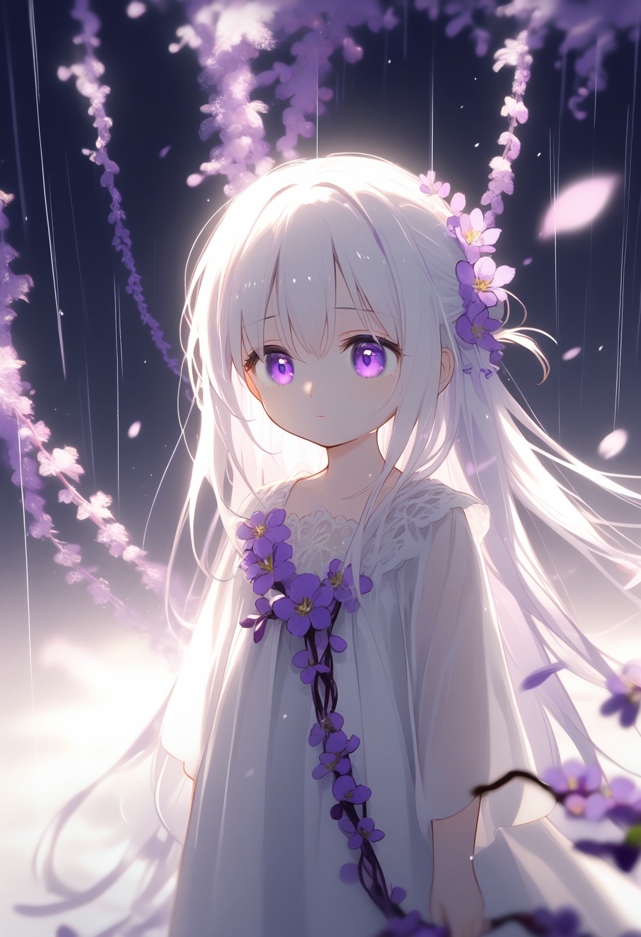 loli white background Dundar effect a lot of purple vines vines covering half of the painting delicate plant details a girl girl petite girl long white hair golden pupils white dress bare feet side side upper body head up sad eyes rain light figure light petals purple filter left fog dream unreal Blur float light