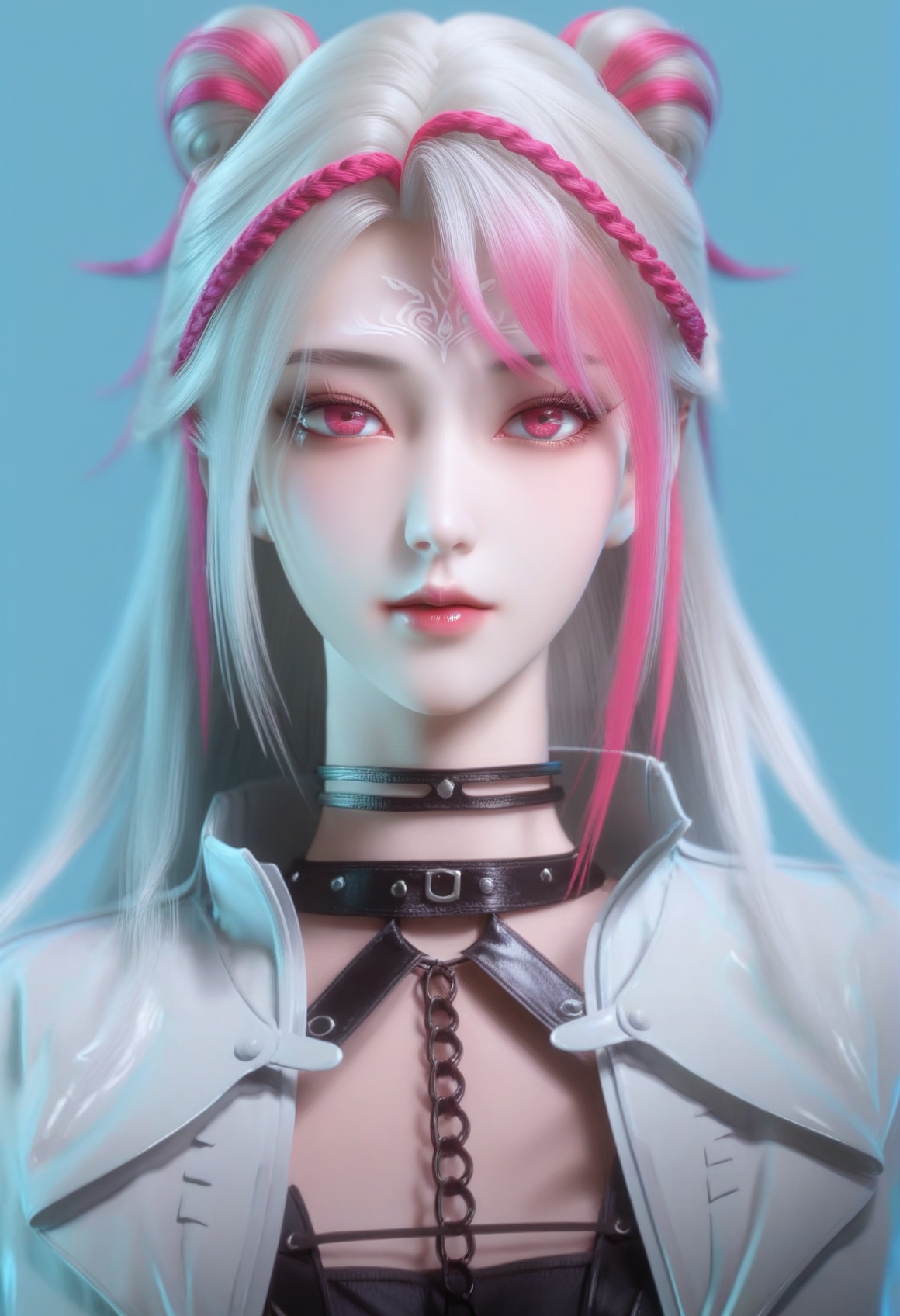 (score_9),<lora:炙珠-Apony:0.86>,zizhu,1girl,solo,long hair,white hair,braid,pink braid,streaked hair,harness vest,choker,cropped jacket,chain,forehead mark,double bun,pink eyes,,mature,<lora:e色温:0.5>,(white_skin),(fair_skin),<lora:e肤色滑块:0.5>,front view,light blush,simple background,<lora:Expressive_H:0.8>,<lora:perfect-eyes:0.8>,