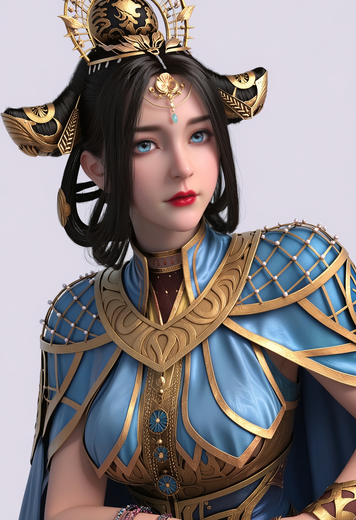 score_9,high detail,best quality,shiny skin,shiny,1girl,solo,blue eyes,black hair,hair ornament,white background,lips,realistic,jewelry,red lips,crown,cape,closed mouth,bracelet,hair rings,lipstick,makeup,armor,parted lips,looking at viewer,thighs,<lora:QQSponyxiangyunV1:0.8>,<lora:Pony_DetailV2.0:0.8>,<lora:皮肤凹痕:0.1>,