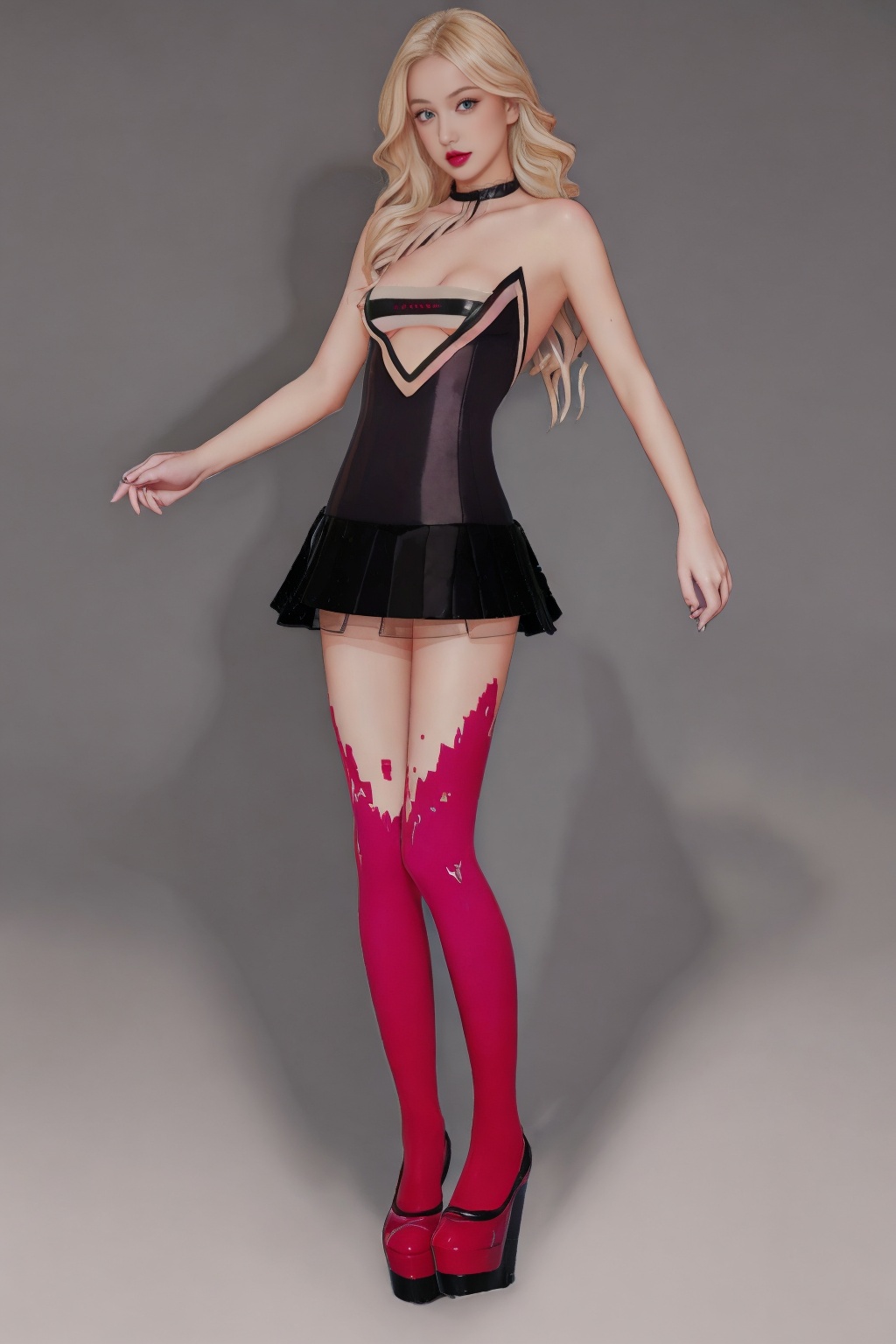 1girl,wsfz-044,solo,(full body:1.6),round face,blonde hair,makeup,aqua eyes,small nose,lipstick,pleated skirt,see-through bodysuit,see-through platform_heels_,incredibly absurdres,realistic,artbook,available light,