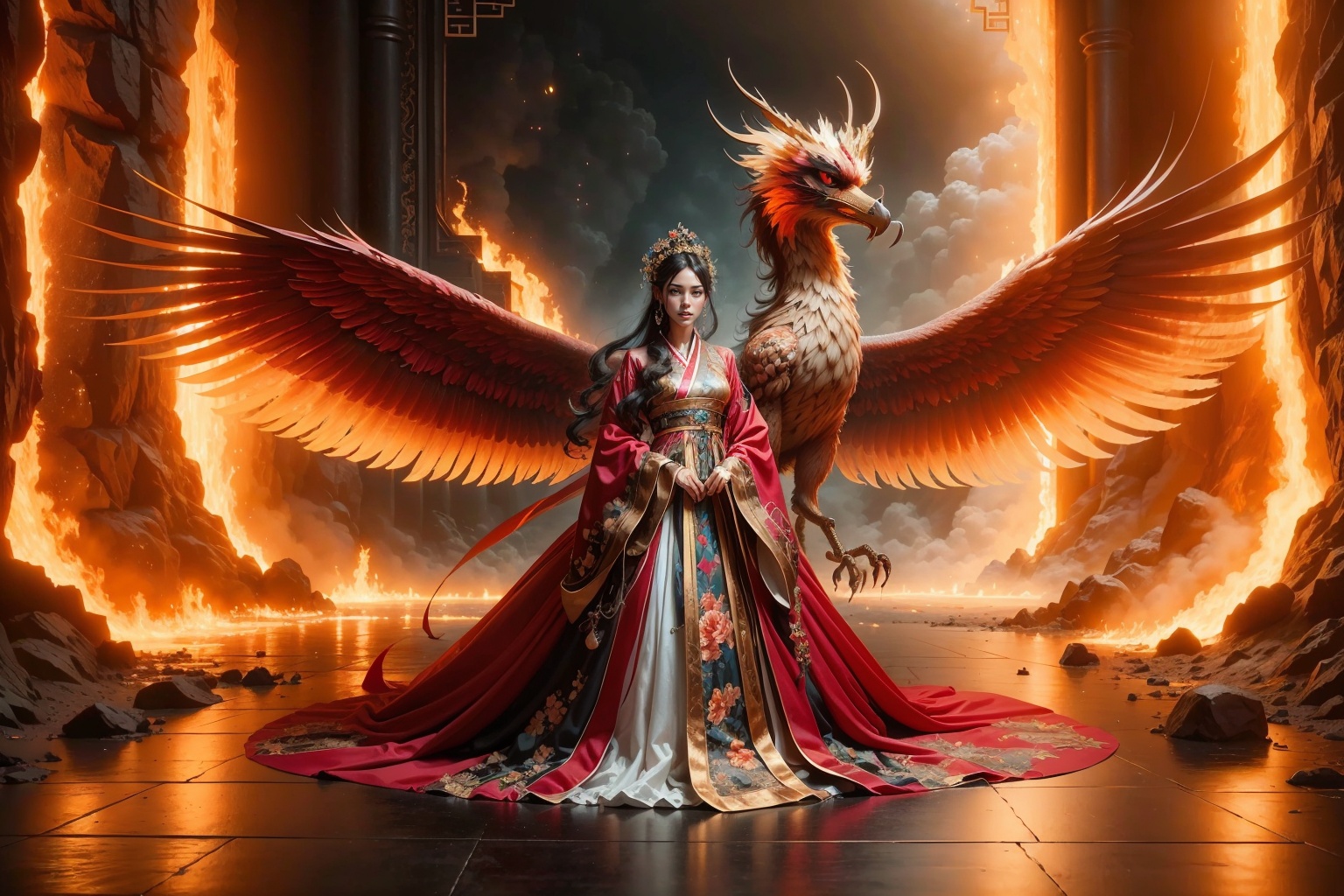 (Masterpiece), (Best Quality), (Super Detailed), 1 girl standing in front of the phoenix, solo. Dress, Chinese clothing, blooming valley, phoenix, flames emanating from the phoenix's body. In the sky, clouds float like marshmallows. High quality fantasy art, surrounded by blooming flowers. Contrast, extraordinary aesthetics, the best quality, magnificent artworks, (illustrations), extremely exquisite and beautiful, Tindell effect, Greg Rutkowski and Midtravel's ultra fine, complex, and realistic paintings. Popular digital art masterpieces on DeviantArt and Artstation.