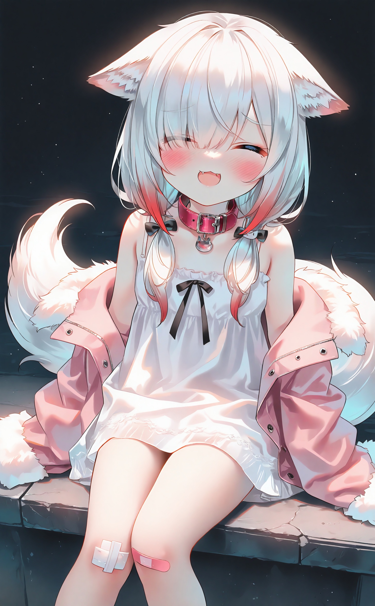 masterpiece,absurdres,best quality,high quality,chromatic_aberration,night,darkness,black theme,photorealistic,high contrast,high saturation,loli,loli,loli,//,1girl,animal ears,virtual youtuber,tail,collar,closed eyes,streaked hair,bandaid,fur trim,white hair,pink jacket,red hair,solo,multicolored hair,bandaid on leg,jacket,twintails,sleeves past wrists,sleeves past fingers,dress,sitting,red collar,long hair,hair over one eye,smile,open mouth,facing viewer,long sleeves,fur-trimmed jacket,blush,animal collar,white dress,pink collar,off shoulder,bandaid on knee,fox tail,hair ornament,hair bow,fox ears,bow,fang,low twintails,dog ears,lollipop,:d,:3,white camisole,dog tail,fur-trimmed sleeves,feet out of frame,camisole,fangs,ears down,<lora:Nai4 gzc:1>,