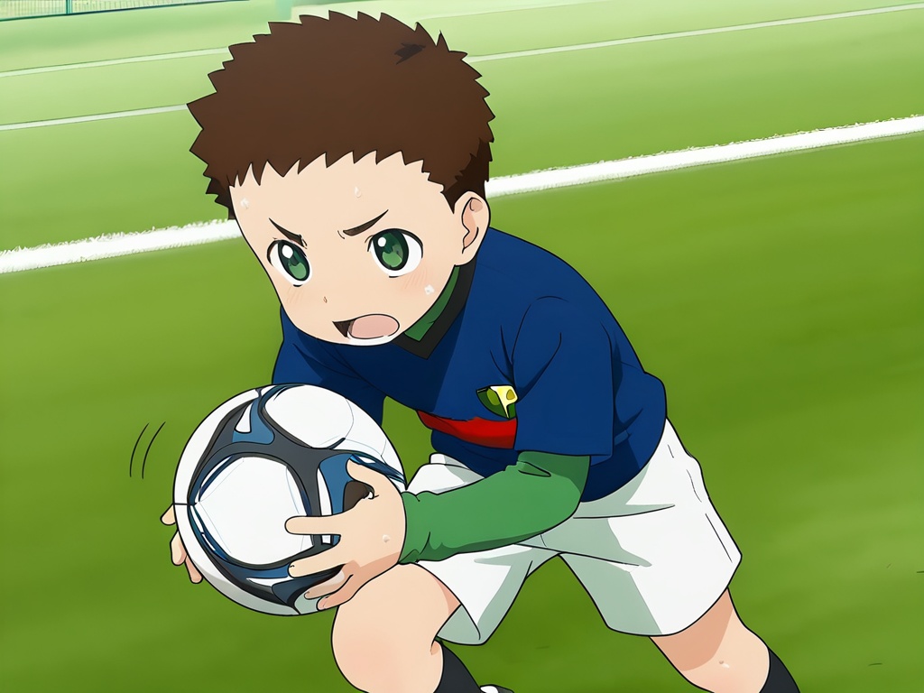 <lora:Ohta_Shou_XL:1>,soccer ball,do not split pictures,best quality,best detail,masterpiece,male focus,soccer field,solo,1boy,male_child,petite,brown hair,dark green eyes,Very short hair,(long eyebrows:0.8),soccer uniform,football shoes,sport socks,sweat,perfect hands,(5fingers:1.3),correct anatomy,play football,huge filesize,available light,close-up,front view,motion_lines,depth of field,motion_blur,