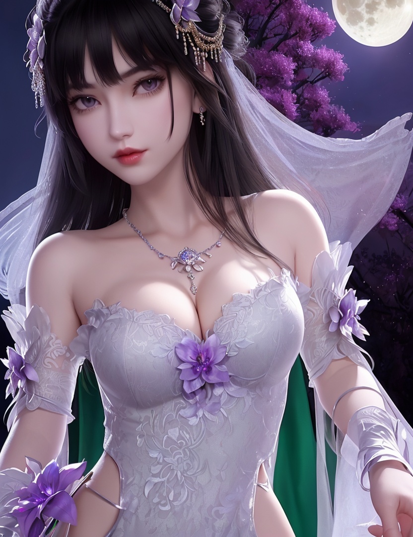 ultra realistic 8k cg, picture-perfect face, flawless, clean, masterpiece, professional artwork, famous artwork, cinematic lighting, cinematic bloom, perfect face, beautiful face, fantasy, dreamlike, unreal, science fiction,   lace, lace trim, lace-trimmed legwear,  (rich:1.4), prestige, luxury, jewelry, diamond, gold, pearl, gem, sapphire, ruby, emerald, intricate detail, delicate pattern, charming, alluring, seductive, erotic, enchanting, hair ornament, necklace, earrings, bracelet, armlet,halo((,1girl, pov,))(((1girl, jewelry, solo,, breasts, , looking_at_viewer,  outdoors,  full moon,  upper body,  purple flower, )))    <lora:DA_YueChanTeen:0.7>
