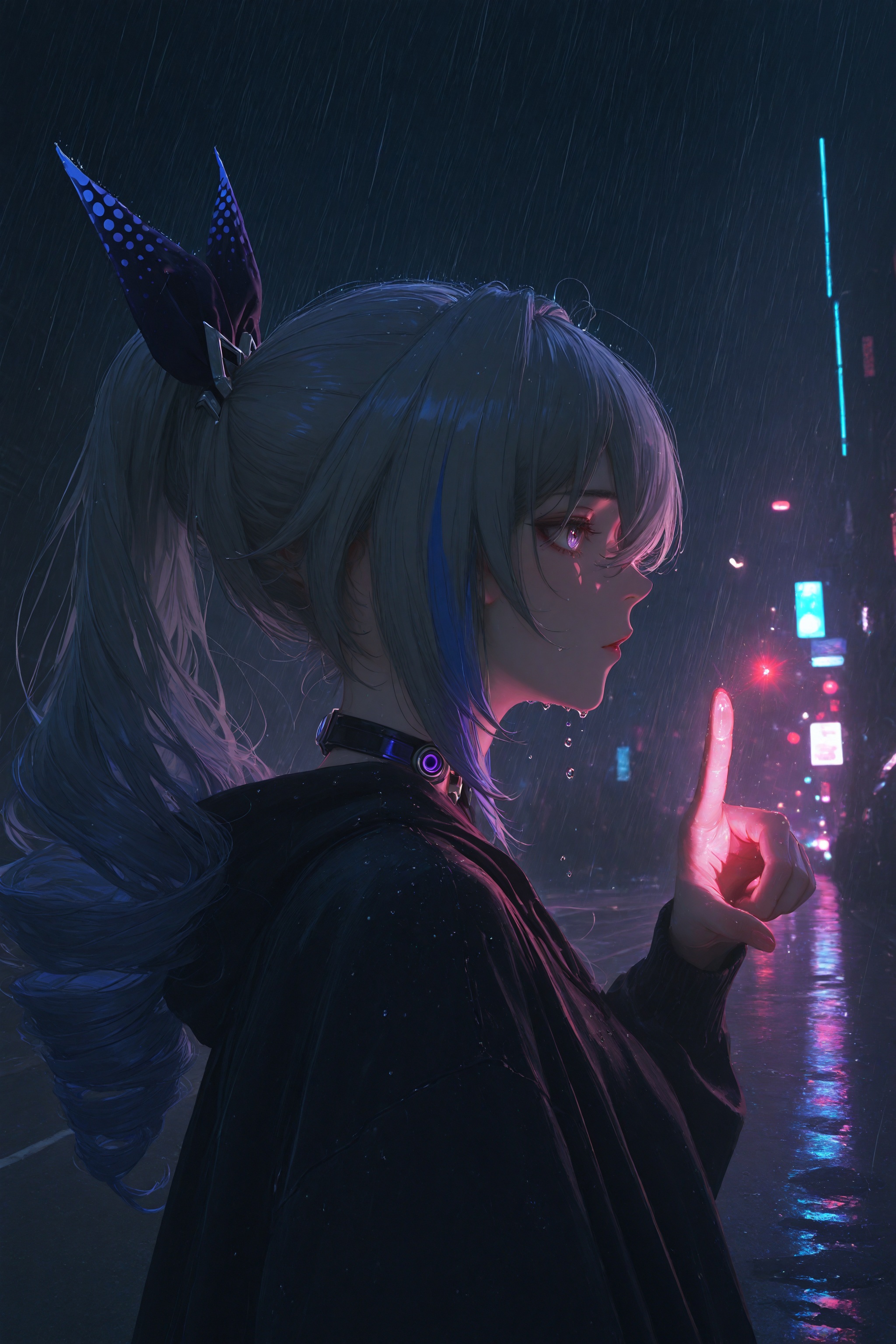 masterpiece,best quality,amazing quality,very aesthetic,absurdres,newest,highres,nixeu:0.5,yoneyama mai:0.5,1girl,solo,silver wolf \(honkai: star rail\),honkai \(series\),cyberpunk,street,night,darkness,metallic texture,from side,ray tracing,pointing to you,rain drops on the girl,strong color performance,oil painting style,