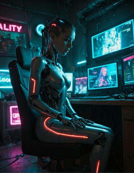masterpiece,high quality,4k,8k,gloomy,photo,realistic,cyberpunk,neon lights,computer,room,1girl,sitting on a chair,cyborg,cybernetic arms,cyborg implants,upper body,(dimly lit:1.2),