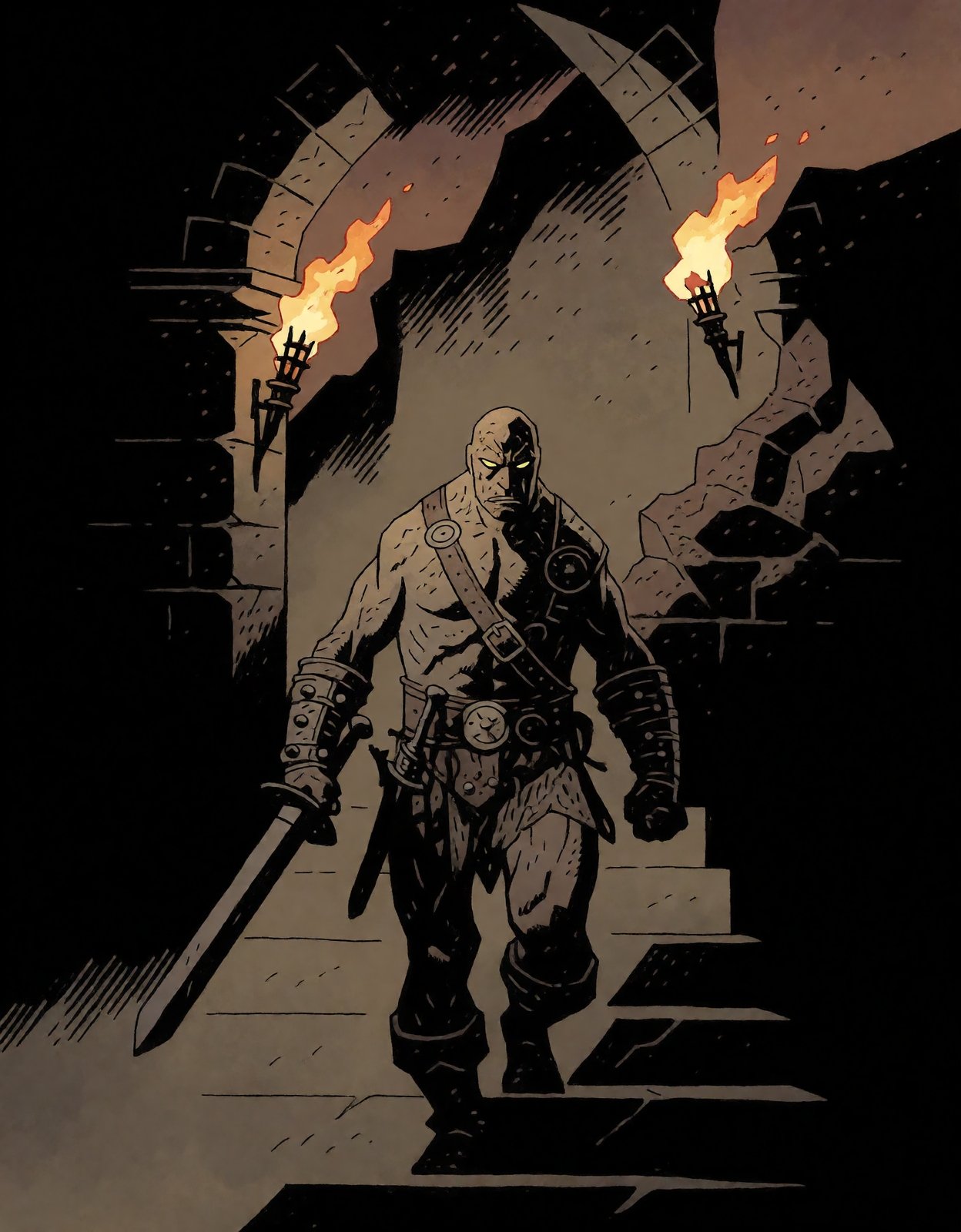 MignolaStyle,  A warrior wearing an armor is going down some stairs in the center of the image.in the background some dung...