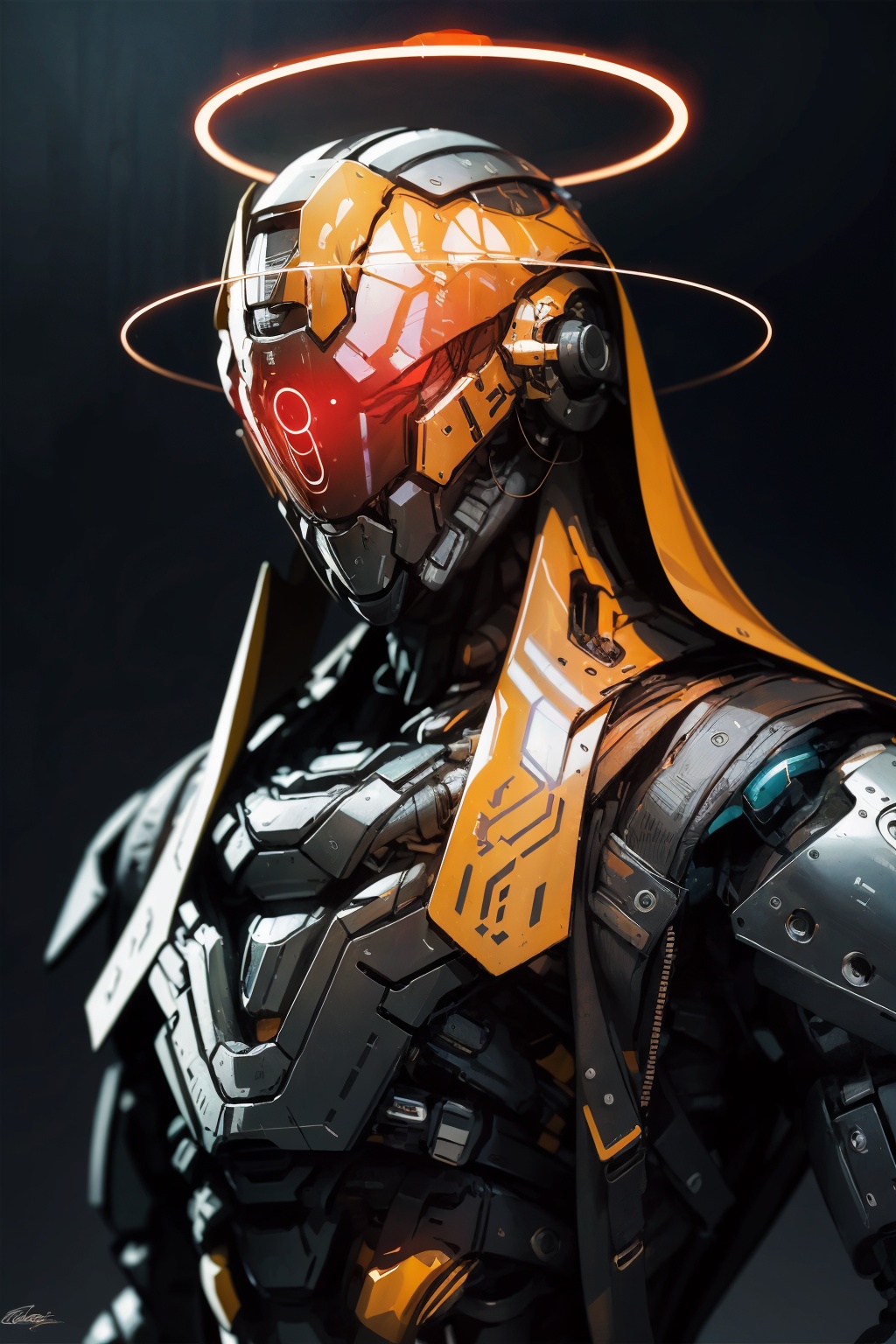 (masterpiece:1.2),best quality,PIXIV,Apocalypse Aso,science fiction,robot,no humans,solo,mecha,glowing,upper body,signature,portrait,straight-on,realistic,halo,<lora:Apocalypse Aso_20240119162949:1>,