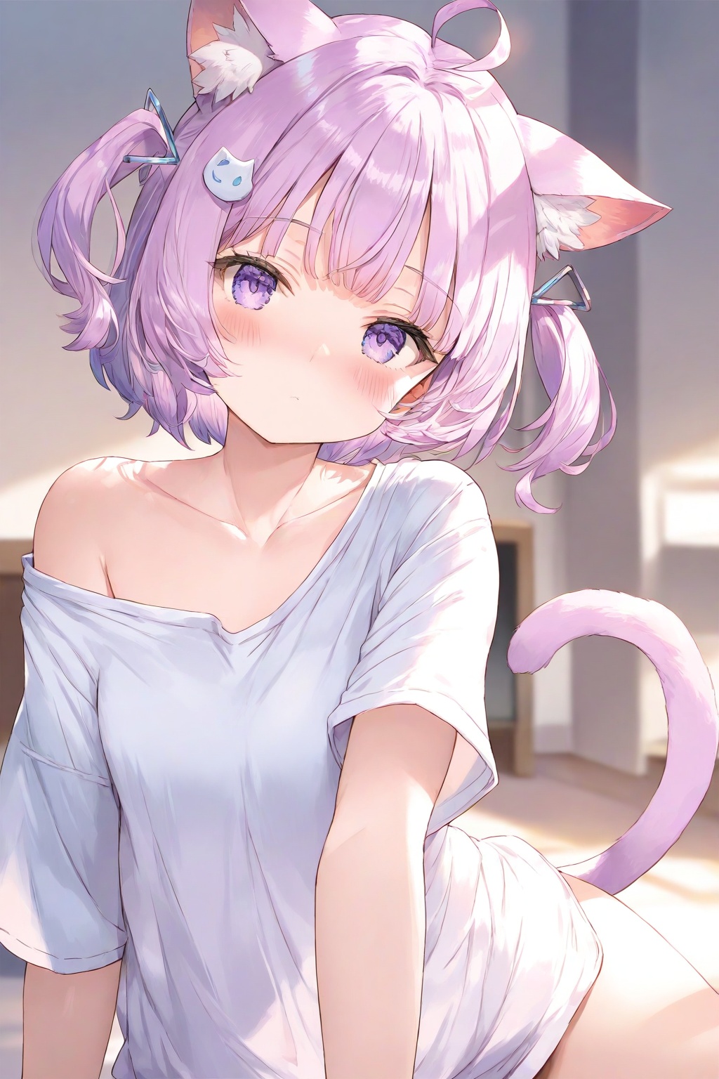 1girl,solo,looking at viewer,blush,short hair,bangs,shirt,hair ornament,animal ears,closed mouth,purple eyes,collarbone,tail,white shirt,pink hair,purple hair,ahoge,short sleeves,indoors,cat ears,off shoulder,blurry,two side up,cat tail,animal ear fluff,cat girl,<lora:无可厚非-000020:0.8>,