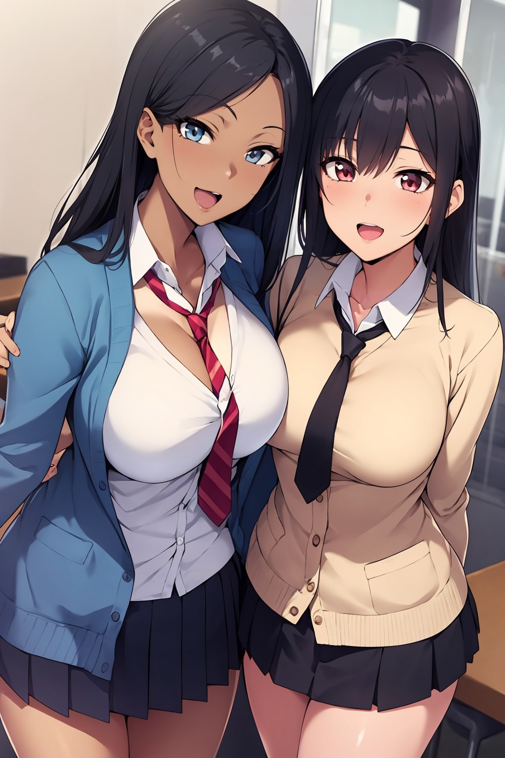 anime image of two women in business attire standing next to each other,  breasts,  smile on Tensor.Art