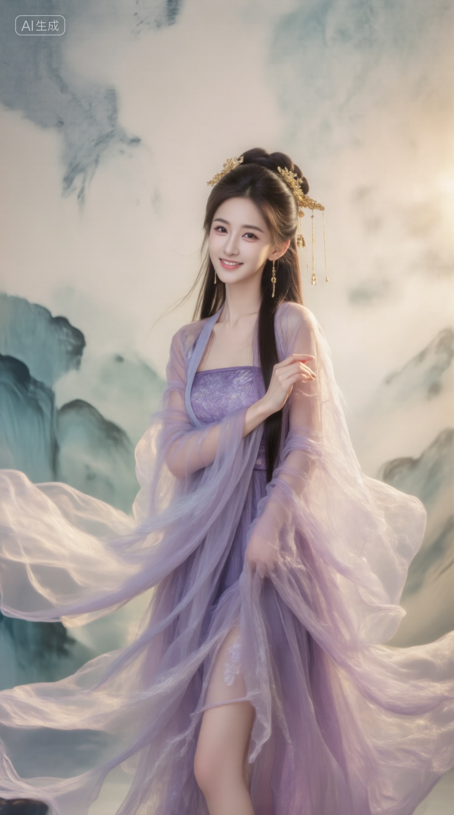 千问佳人,  一位身穿烟罗紫纱裙的中式女子,  立于抽象水墨背景中 by 光影驿站 on Tensor.Art