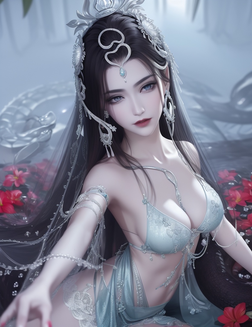 ultra realistic 8k cg, picture-perfect face, flawless, clean, masterpiece, professional artwork, famous artwork, cinematic lighting, cinematic bloom, perfect face, beautiful face, fantasy, dreamlike, unreal, science fiction , beautiful clothes, lace, lace trim, lace-trimmed legwear,  (rich:1.4), prestige, luxury, jewelry, diamond, gold, pearl, gem, sapphire, ruby, emerald, intricate detail, delicate pattern, charming, alluring, seductive, erotic, enchanting, hair ornament, necklace, earrings, bracelet, armlet,halo((,1girl, pov,))  (((1girl, solo,,, large breasts,  looking_at_viewer , wilted flower, ,  1girl, lamia,snake hair,  , solo, , body horror, )))    <lora:DA_NSH_XLZH:0.6>