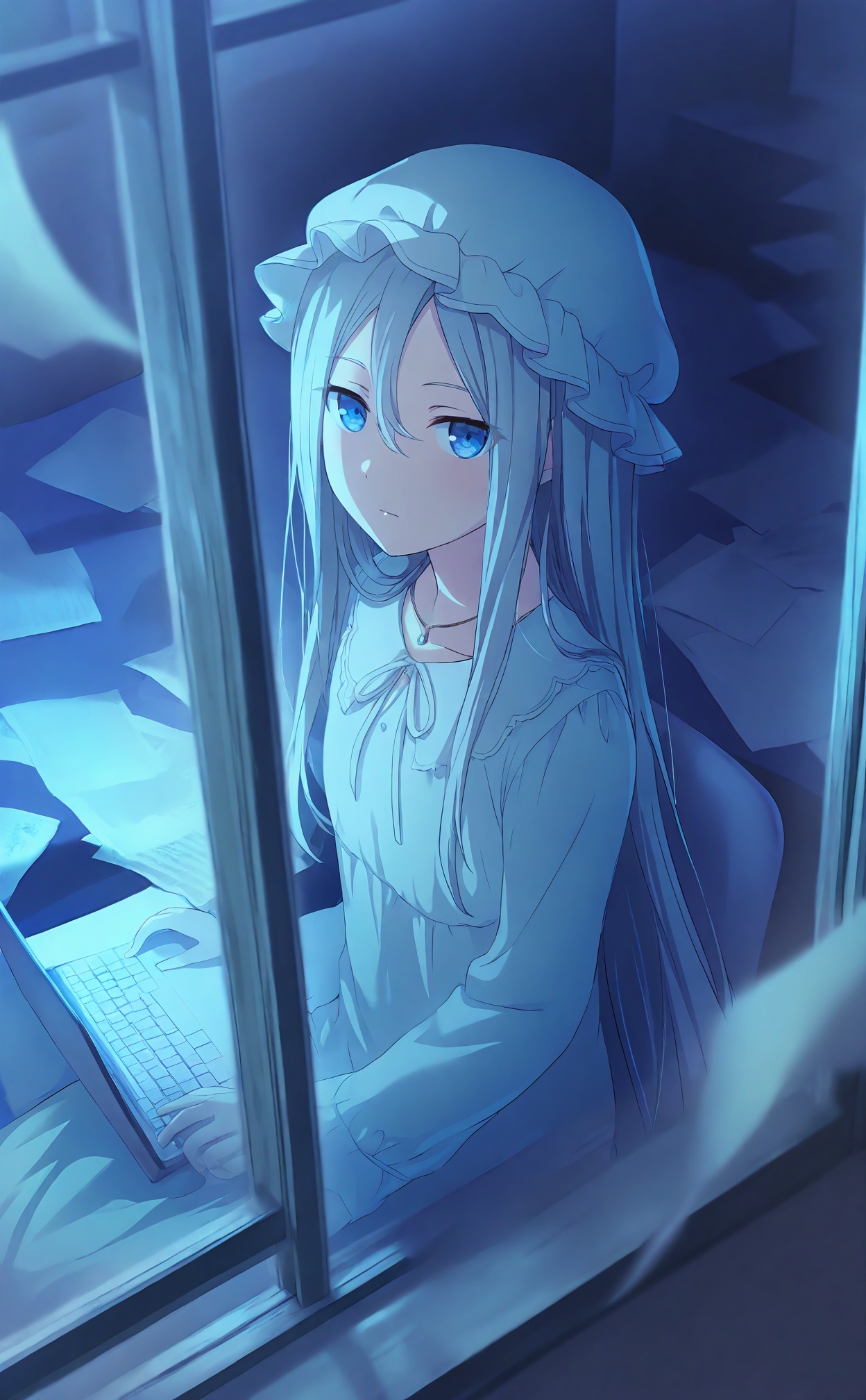 masterpiece,highres,absurdres,newest,best quality,high quality,chromatic_aberration,//,yoisaki_kanade,1girl,solo,long_hair,window,hat,mob_cap,blue_eyes,hair_between_eyes,jewelry,very_long_hair,necklace,long_sleeves,dress,looking_outside,sitting,from_outside,laptop,paper,indoors,computer,looking_at_viewer,white_headwear,grey_hair,expressionless,closed_mouth,white_dress,collarbone,nightgown,frills,sheet_music,papers,white_hair,keyboard_\(computer\),grey_dress,carpet,pajamas,straight_hair,chair,open_window,frilled_hat,from_above,//,<lora:PJSKcg925——【NOOB】hans:0.8>,