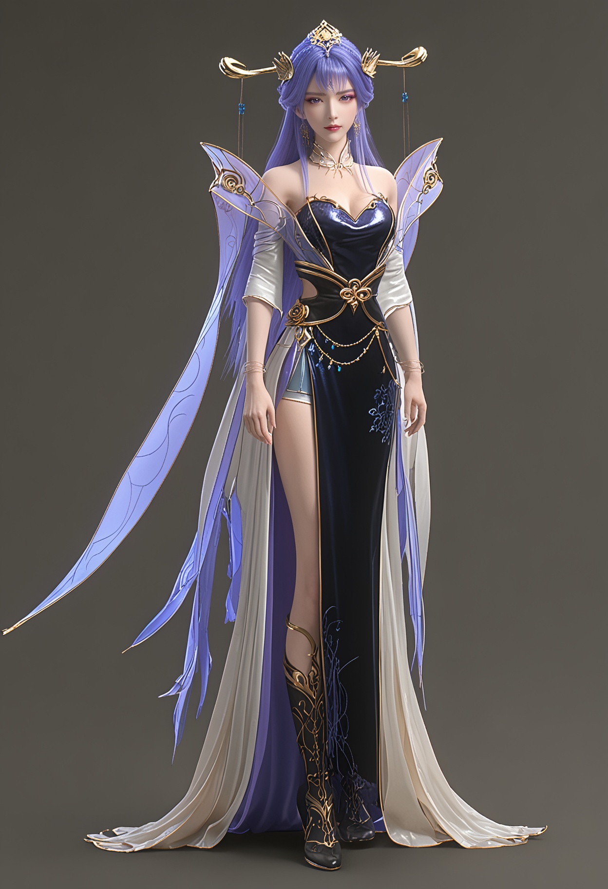 perfect_anatomy,(score_9:1.1),(looking_at_viewer:1.1),(full body:1.2),<lora:YQ_pony_tianqiong_V7:0.8>,(boots:1.2),1girl,solo,long hair,jewelry,hair ornament,earrings,dress,blue hair,purple hair,realistic,blue eyes,bare shoulders,bracelet,purple eyes,blue dress,makeup,necklace,cleavage,detached collar,chinese clothes,black dress,shawl,braid,detached sleeves,eyeshadow,hagoromo,hair stick,hair bun,hair rings,forehead mark,facial mark,crescent,sash,perfect_anatomy BREAK (perfect_anatomy:1.1),(simple background,pure black background,black background:1.1),fair_skin,white_skin,shiny_skin,pale skin,Ivory_skin,(cinematic lighting),