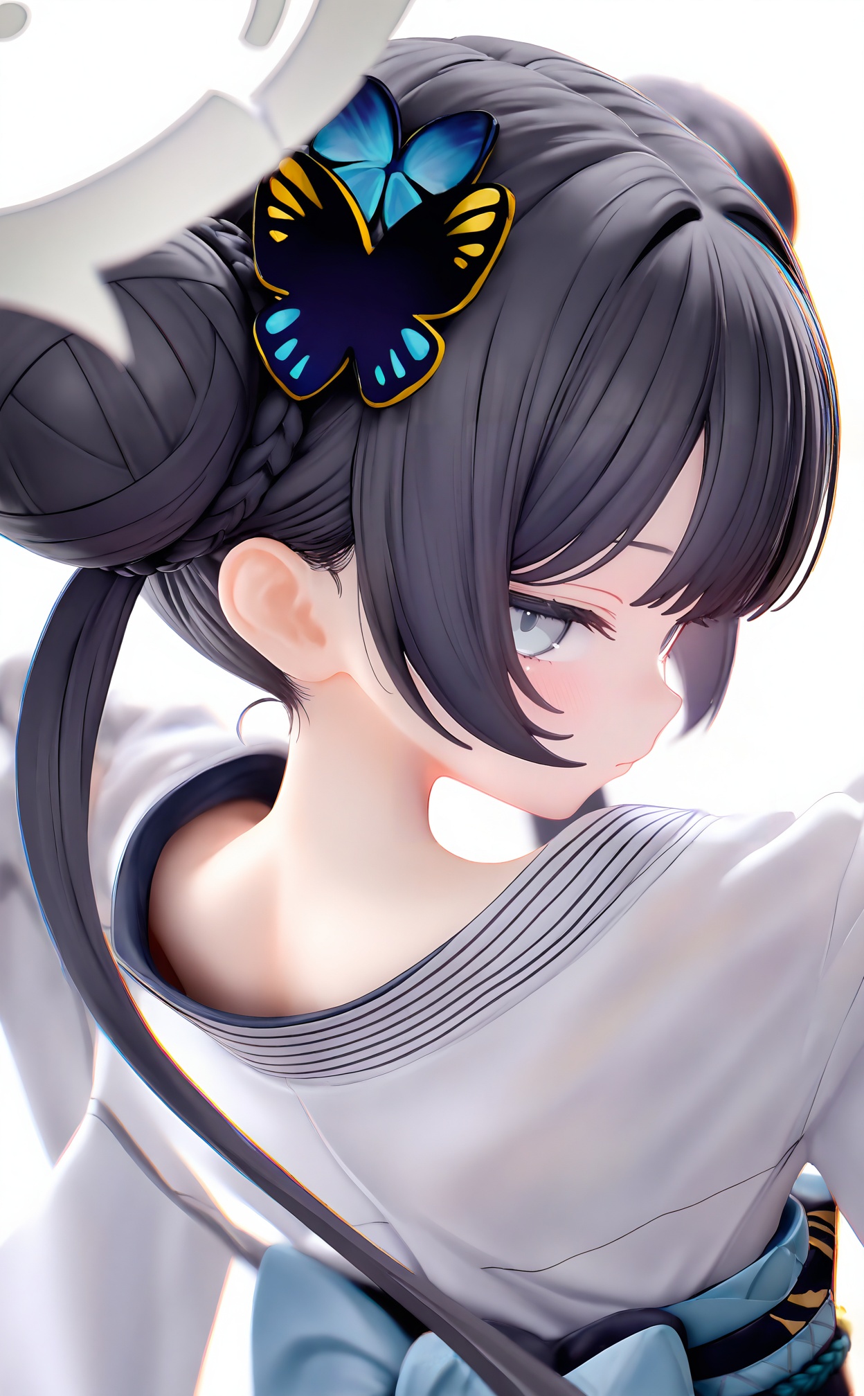 masterpiece,highres,absurdres,newest,best quality,high quality,loli,petite,chromatic_aberration,//,1girl,halo,solo,butterfly hair ornament,japanese clothes,black hair,hair bun,white kimono,kisaki (blue archive),hair ornament,grey eyes,kimono,looking at viewer,simple background,double bun,grey halo,white background,looking back,twintails,long hair,upper body,braid,braided bun,from behind,closed mouth,sash,obi,nape,back bow,long sleeves,///,//,<lora:pvc666——【noob】hans:1>,