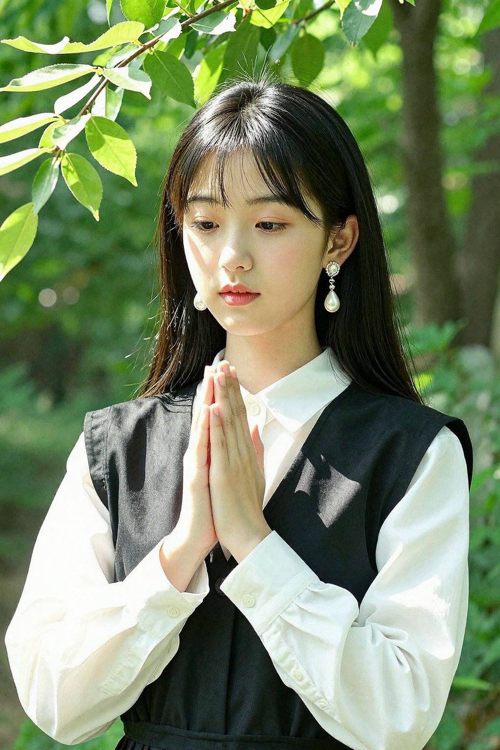<lora:20260302_TinZITSharpnessSliderLora_v1_000000090:3>, This is a high-resolution photograph featuring a young Asian woman with a fair complexion and long, straight black hair with bangs. She is standing outdoors in a lush, sunlit forest, with green leaves and branches partially framing her from the top left of the image. The woman is wearing a white blouse with a high collar and a black overgarment or vest that has a structured, boxy design. Her hands are clasped together in a prayer-like gesture, with her fingers gently touching, and her lips are slightly parted, giving her a serene and contemplative expression.Her makeup is minimal, with a natural look featuring a light blush and a soft pink lipstick. She is accessorized with large, ornate, pearl-drop earrings that hang elegantly from her ears. The background is a blur of green foliage, suggesting a dense, leafy environment, and the sunlight filtering through the trees casts a warm, dappled light on her face and clothes, adding a serene, ethereal quality to the image. The overall mood of the photograph is calm and introspective, with a focus on the subject's delicate features and the natural beauty of the surrounding forest.