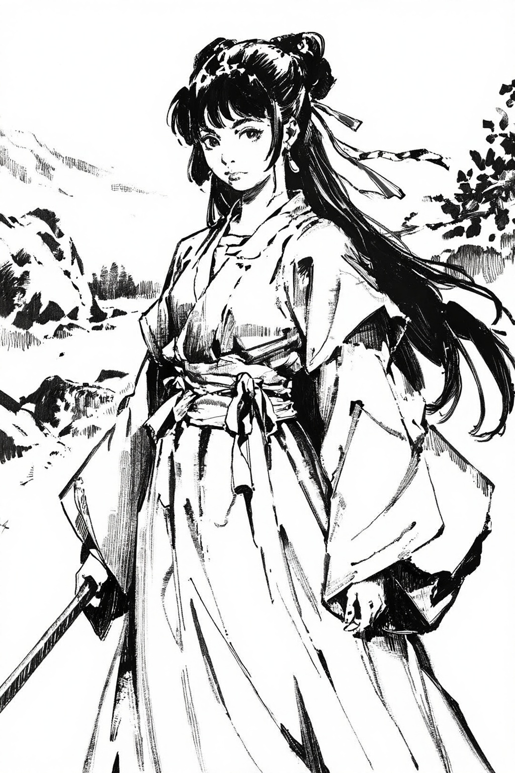 hand_sketch,sketch,black and white,art_nlhx,数字动漫风格的插画,描绘了一位身着古风汉服的少女,