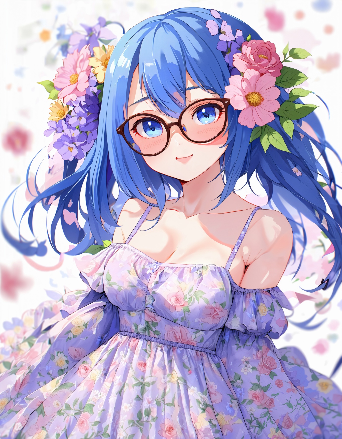 anime style,  anime girl with blue hair,  glasses and flowers in her hair is wearing a floral dress on Tensor.Art