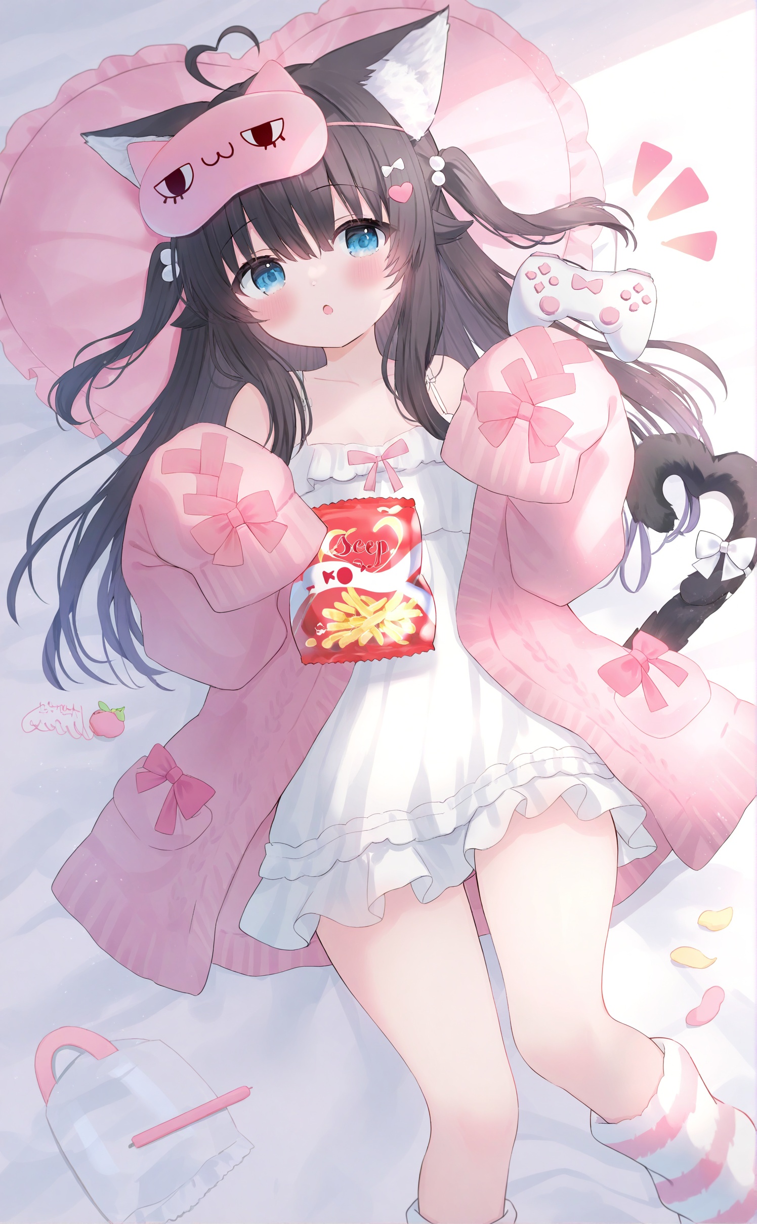 1girl, sleep mask, controller, animal ears, tail, cat tail, heart tail, game controller, cat girl, blue eyes, cat ears, mask on head, sleeves past wrists, virtual youtuber, eye mask, long hair, sleeves past fingers, pink cardigan, cardigan, striped socks, heart, looking at viewer, mask, food, holding controller, black hair, solo, open cardigan, animal ear fluff, tail ornament, hair ornament, blush, pillow, holding game controller, chips (food), :o, bag of chips, ahoge, open mouth, socks, white dress, loungewear, signature, lying, on back, holding, dress, hair between eyes, tail bow, leg warmers, long sleeves, notice lines, two side up, potato chips, bow, open clothes, feet out of frame, striped clothes, camisole, white camisole, loose socks, sidelocks, pink jacket, heart-shaped pillow, pink socks, bed sheet, pink bow, heart ahoge, fruit, spaghetti strap, long bangs, on bed, parted lips, black tail, <lora:rucaco-000038:1>