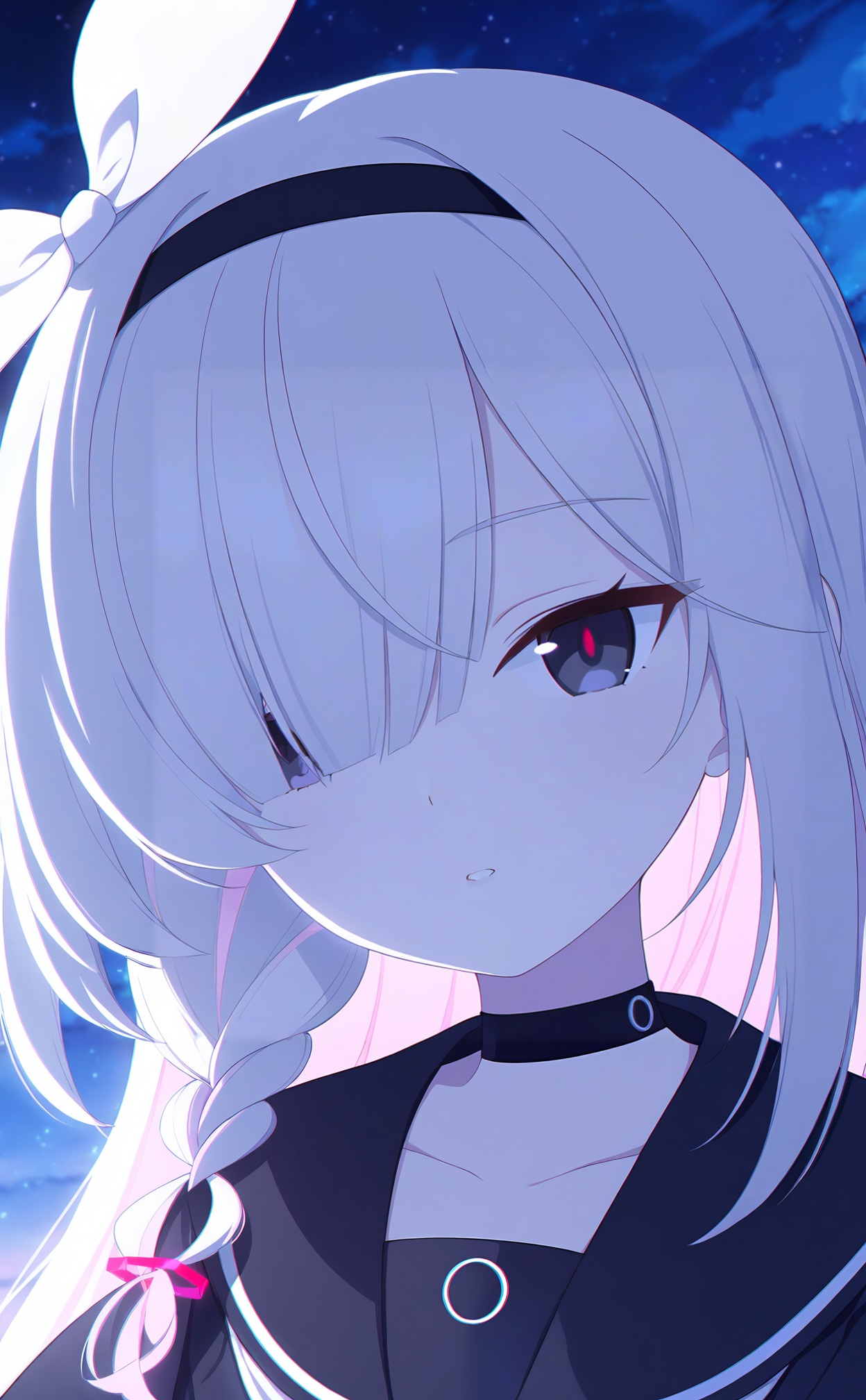 masterpiece,highres,absurdres,newest,best quality,high quality,loli,petite,chromatic_aberration,//,1girl,plana (blue archive),solo,sky,hairband,hair over one eye,choker,black hairband,black eyes,long hair,colored inner hair,black choker,sailor collar,multicolored hair,braid,black sailor collar,star (sky),pink hair,serafuku,school uniform,red pupils,single braid,cloud,white hair,starry sky,night sky,looking at viewer,white ribbon,night,parted lips,portrait,cloudy sky,outdoors,side braid,white bow,ribbon,two-tone hair,black serafuku,grey hair,collarbone,hair ribbon,//,<lora:ba44——【noob】hans:1>,