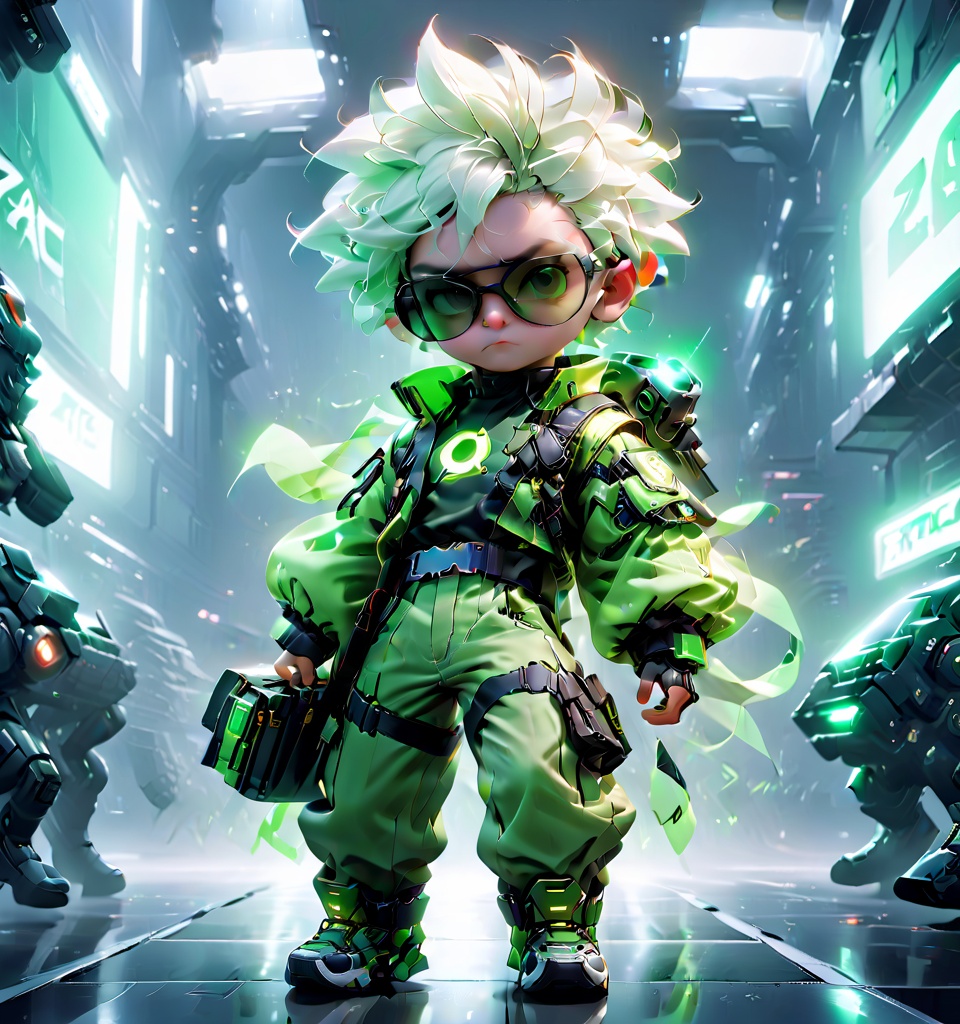 zotac,(("Marvel ZOTAC"(Wordmark: 1.9))) (Movie "ZOTAC" splashscreen: 1.5), Pixar, 1 boy, over 20 years, (Run: 1.5) (Full body), (White, Green, Black Combo: 1.5) (White-haired boy: 1.2), (White Mecha Set: 1.5), (Green Pants: 1.5), (Black Shoes: 1.5), (Black Belt: 1.2), (Green Sunglasses: 1.2), Sci-Fi, Ultra-Fine Parts, Super Realistic, Sharp Shots, Cinematic Lighting, Cinematic Action, (Cyberpunk: 1.4)
