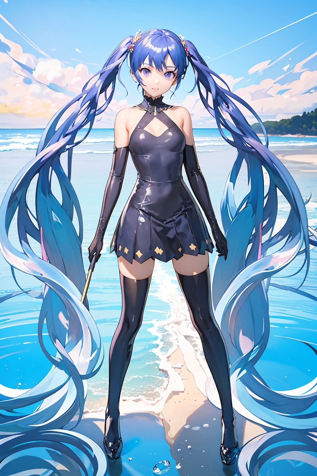 1girl,solo,(looking at viewer:1.2),long hair,(twintails:1.1),black dress,neck ribbon,elbow gloves,black black gloves,black thighhighs,blue hair,purple hair,purple eyes,in summer,beach,sea,over the sea,<lora:GhostRule_v2.0:0.6>,(front view:1.4),hastune miku,panorama,(full_shot:1.2),full body,, masterpiece,best quality,highres,ultra high res,(abstract art:1.2),2d,(highlydetailed),(colorful),(intenseexpression),(fashionable),