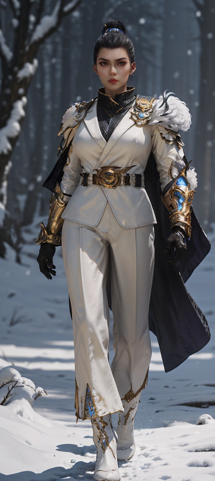 1girl,solo,big eyes,forehead,red lips,serious,(stare),black hair,(single hair bun),hair ornament,jewelry,suit,long sleeves,(long cape),chainmail,(armor:1.2),(arm armor:1.2),shoulder armor,plume,belt,pants,gloves,plume,belt,pants,(black nylon socks:1.1),(white high_heels:1.1),clenched hands,(looking at viewer),(full body:1.1),(from below:1.2),(snowing:1.3),winter,(at dusk:1.2),(outdoors),3d,game cg,(Cinematic Lighting),(skin gloss),(perfect skin),Highly detailed,(ultra-detailed),hatching \(texture\),(8k,best quality,huge filesize,masterpiece:1.5),<lora:斗罗大陆2-仙琳儿:0.65>,<lora:细节调整2.0:0>,