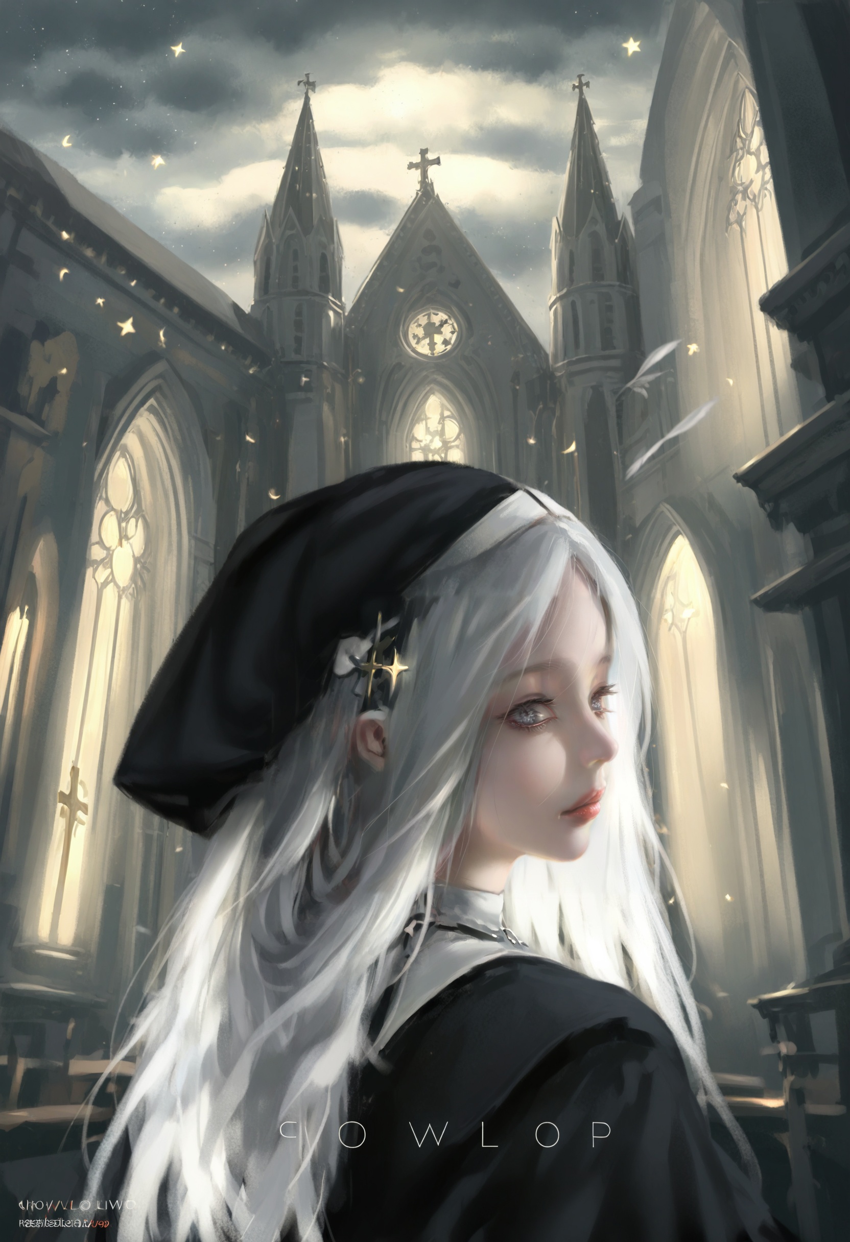 masterpiece, best quality,1girl,   realistic, solo, 1011ta dress, white hair, nun, (sky:1.1), cloud, star, (sky:1.1), border, church, from behind, 2019, feathers, long hair, black border, grey eyes, gothic 1011ta, looking back, dress, star \(symbol\), nose, lips, circle, cross-eyed, portrait \(object\), 1011ta fashion <lora:wlopXLlokr4f-000187:0.95>