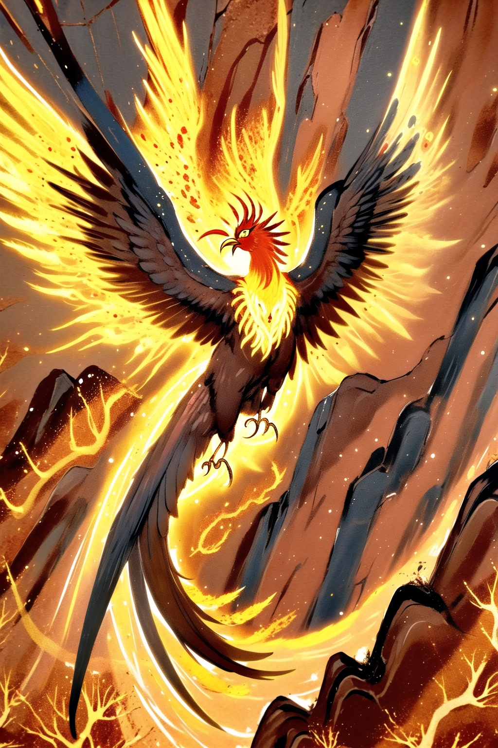 ycbh, no humans, solo, bird, animal focus, glowing, talons, Rock color board painting, skin texture, phoenix,<lora:ycbh4:0.8>,